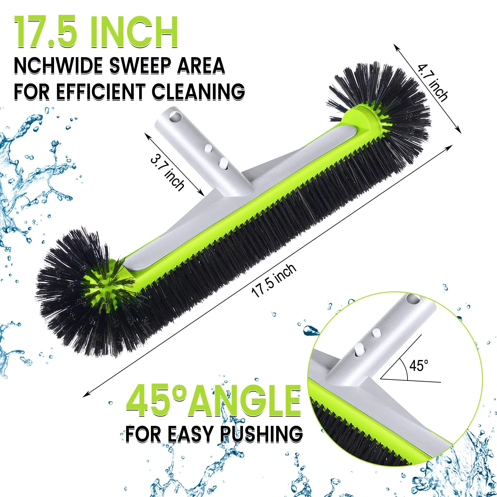 Swimming Pool Brush Head with Round Ends,17.5" Heavy Duty Aluminum Back Head for Cleans Walls, Tiles & Floors, 7 Rows Premium Nylon Bristles with EZ Clips (Green Black) - Image 6