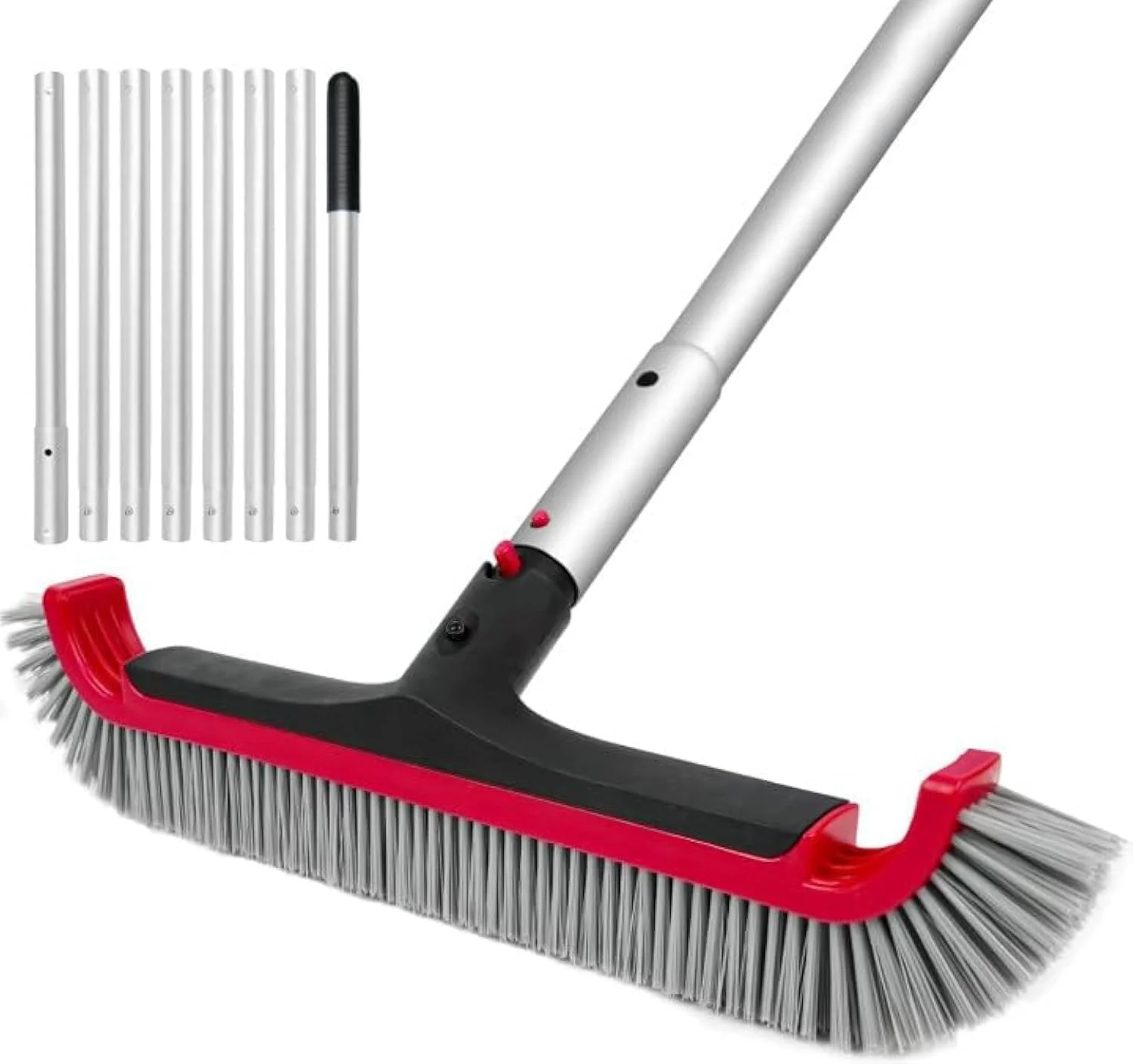 Swimming Pool Brush with Pole - 17.5" Wall Brush with 10FT Adjustable Aluminum Pole, Nylon Bristles, Curved Ends, EZ Clip Handle, Pool Brush for Cleaning Walls, Tiles & Floors