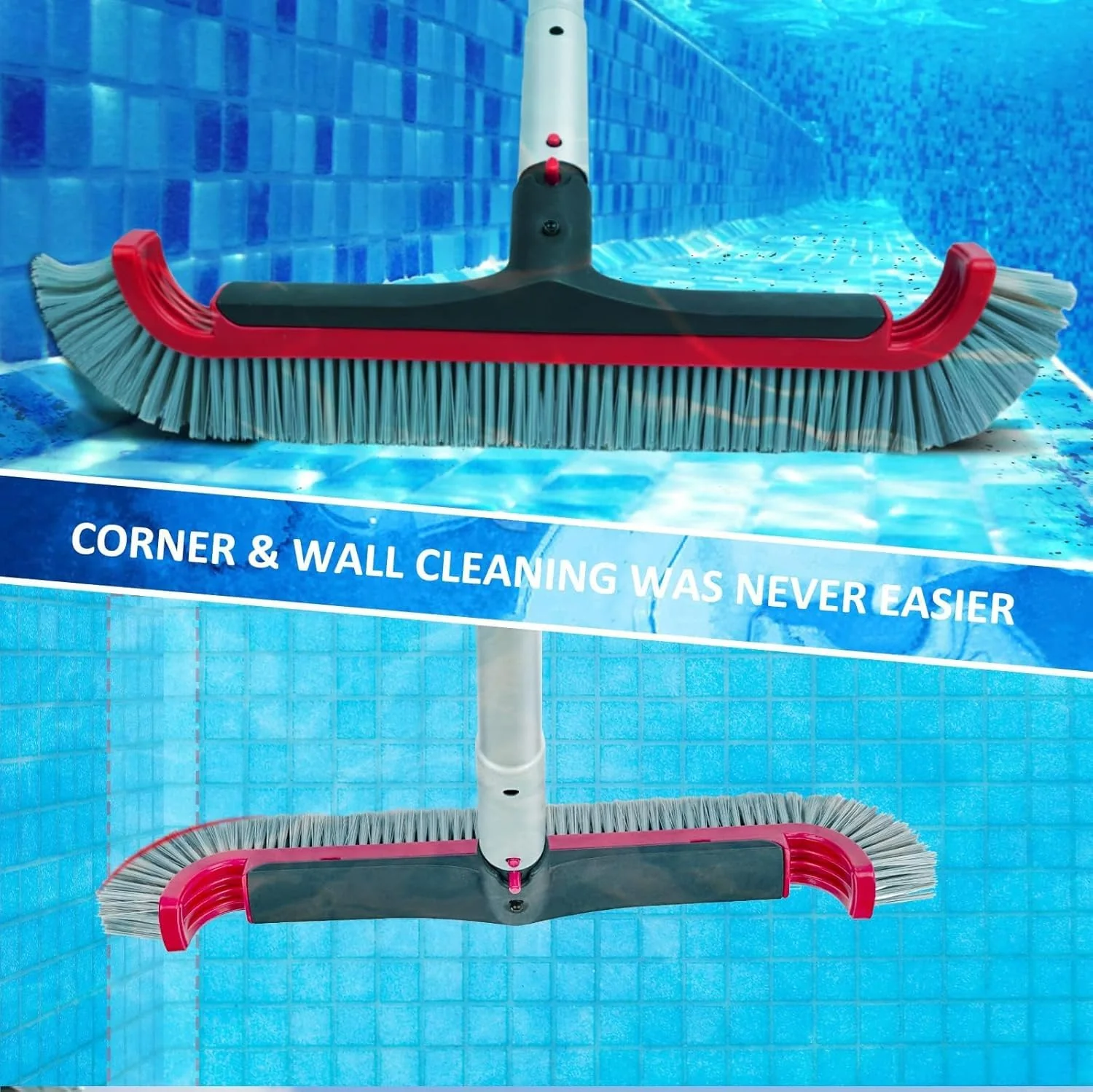 Swimming Pool Brush with Pole - 17.5" Wall Brush with 10FT Adjustable Aluminum Pole, Nylon Bristles, Curved Ends, EZ Clip Handle, Pool Brush for Cleaning Walls, Tiles & Floors - Image 5