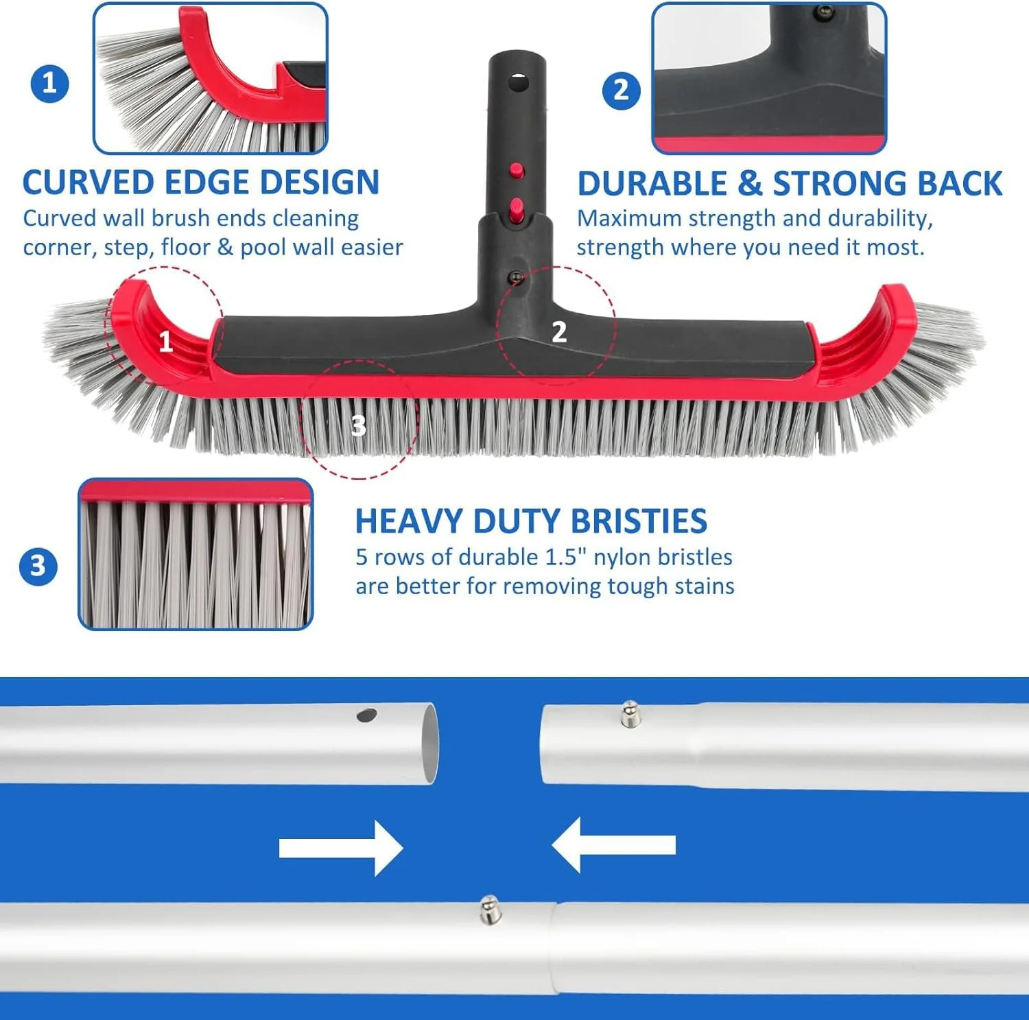 Swimming Pool Brush with Pole - 17.5" Wall Brush with 10FT Adjustable Aluminum Pole, Nylon Bristles, Curved Ends, EZ Clip Handle, Pool Brush for Cleaning Walls, Tiles & Floors - Image 6