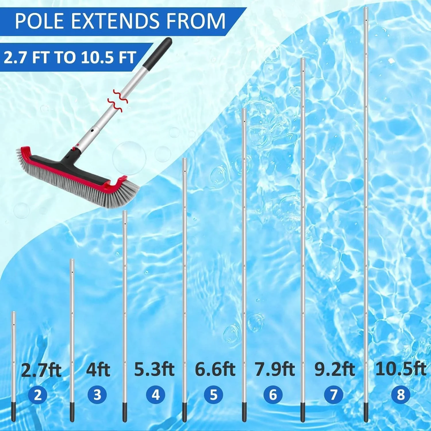 Swimming Pool Brush with Pole - 17.5" Wall Brush with 10FT Adjustable Aluminum Pole, Nylon Bristles, Curved Ends, EZ Clip Handle, Pool Brush for Cleaning Walls, Tiles & Floors - Image 8