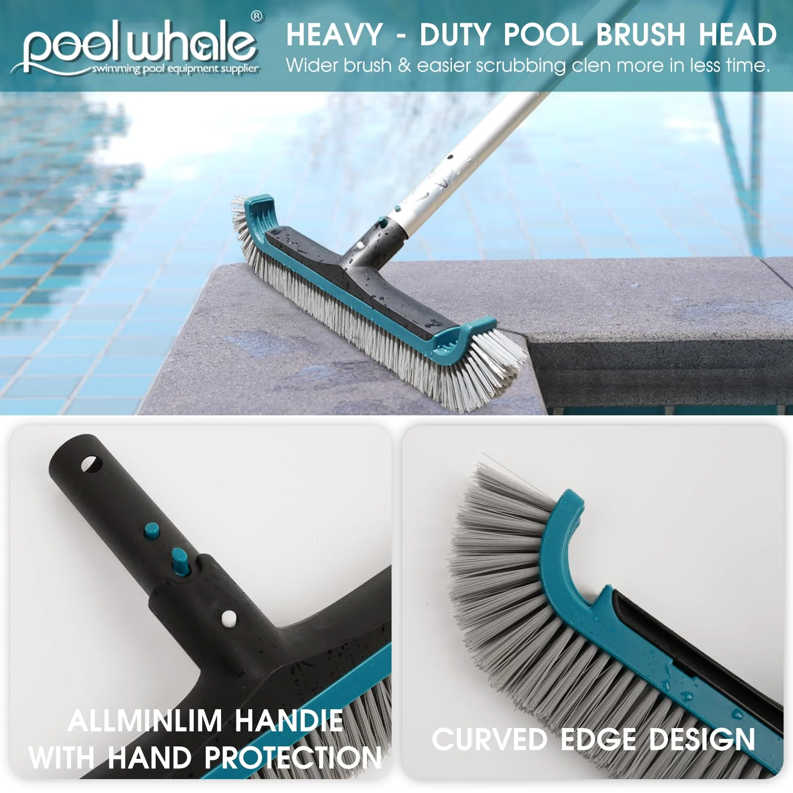 Swimming Pool Cleaning Kit - Aluminum Frame Skimmer Net with 10Ft Adjustable Pole & 17.5” Pool Brush Head, Pools Maintenance Kits for Inground & Above Ground Swimming Pools, Removes Debris - Image 4