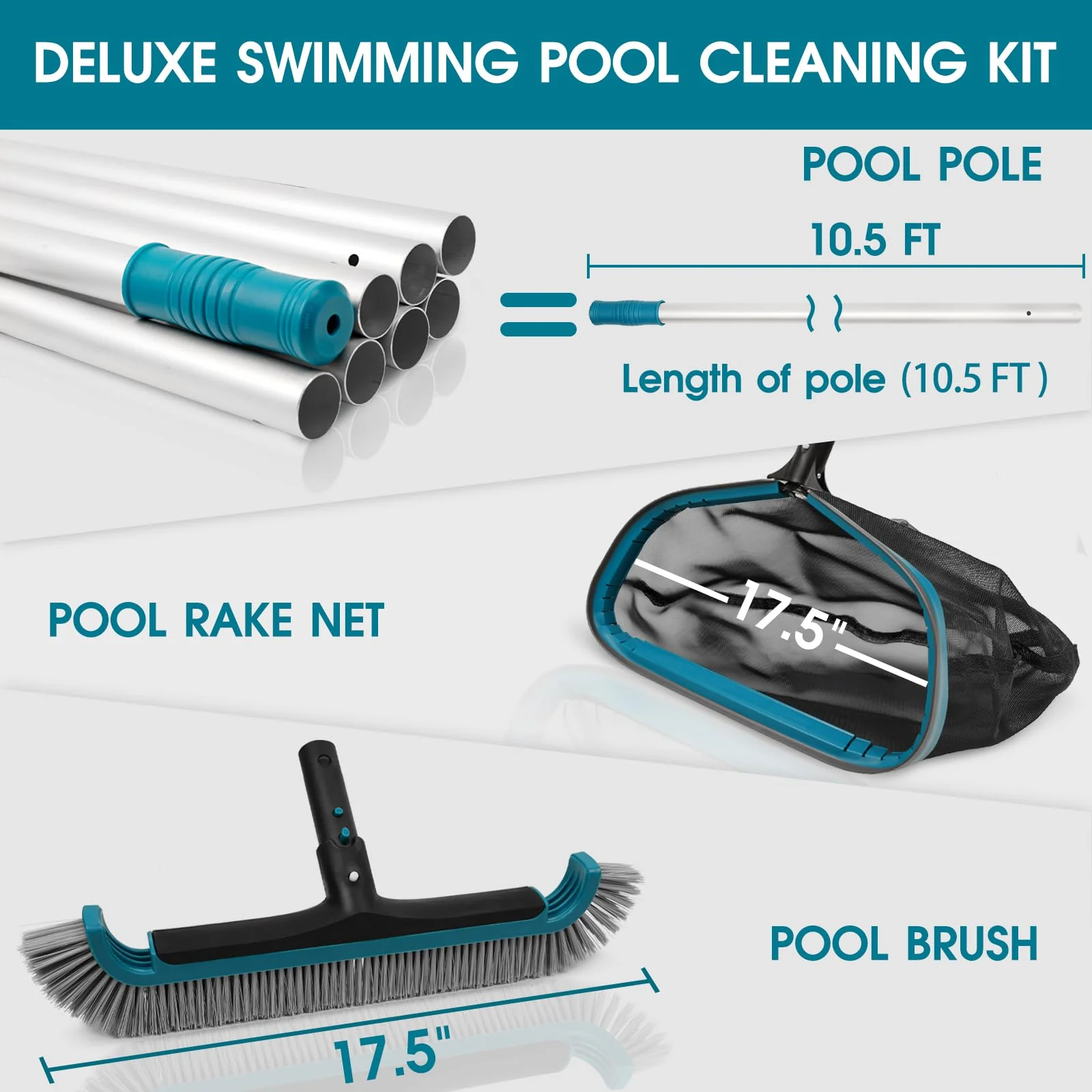 Swimming Pool Cleaning Kit - Aluminum Frame Skimmer Net with 10Ft Adjustable Pole & 17.5” Pool Brush Head, Pools Maintenance Kits for Inground & Above Ground Swimming Pools, Removes Debris - Image 7