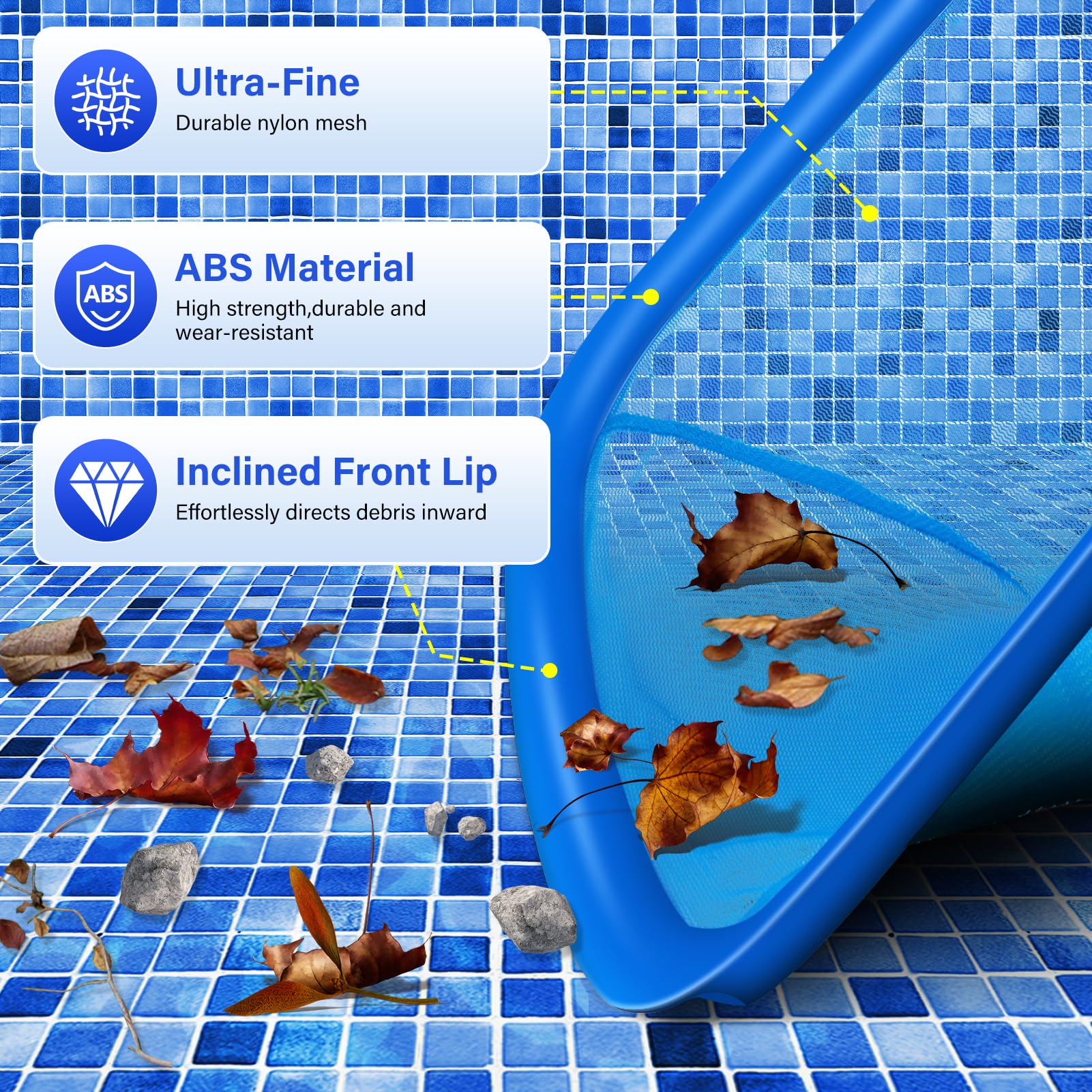 Swimming Pool Cleaning Kit Including 12.5 in Pool Brush Head,Ultra Fine Mesh Pool Leaf Skimmer Net with Maximum Length 76.5 in Aluminum Pole for Remove Debris and Dirt - Image 5