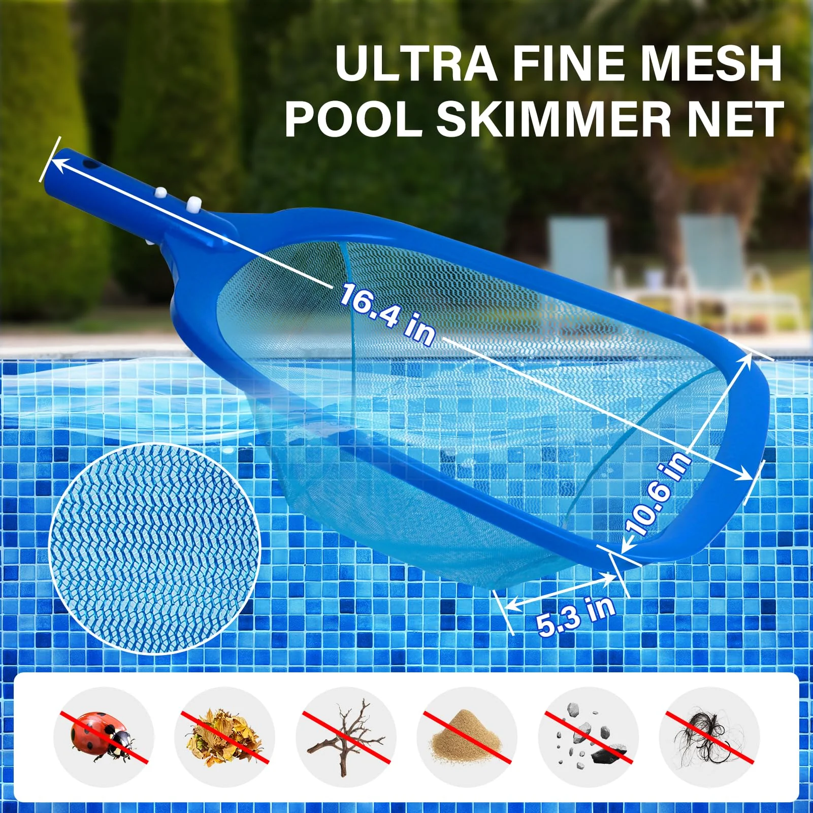 Swimming Pool Cleaning Kit Including 12.5 in Pool Brush Head,Ultra Fine Mesh Pool Leaf Skimmer Net with Maximum Length 76.5 in Aluminum Pole for Remove Debris and Dirt - Image 6
