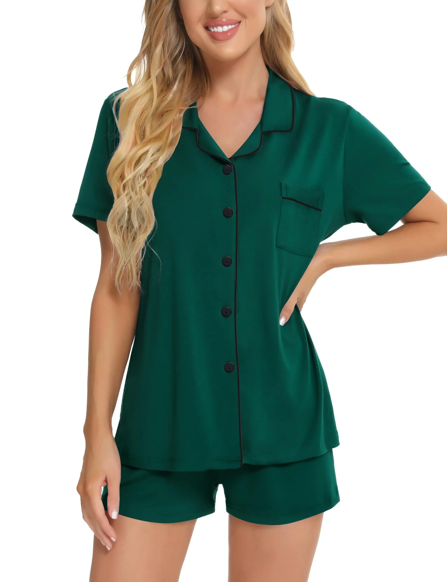 SWOMOG Womens Button Down Pajamas Set Short Sleeve Sleepwear Bride Soft Pj Lounge Sets XS-3XL Christmas Green XXX-Large - Image 4