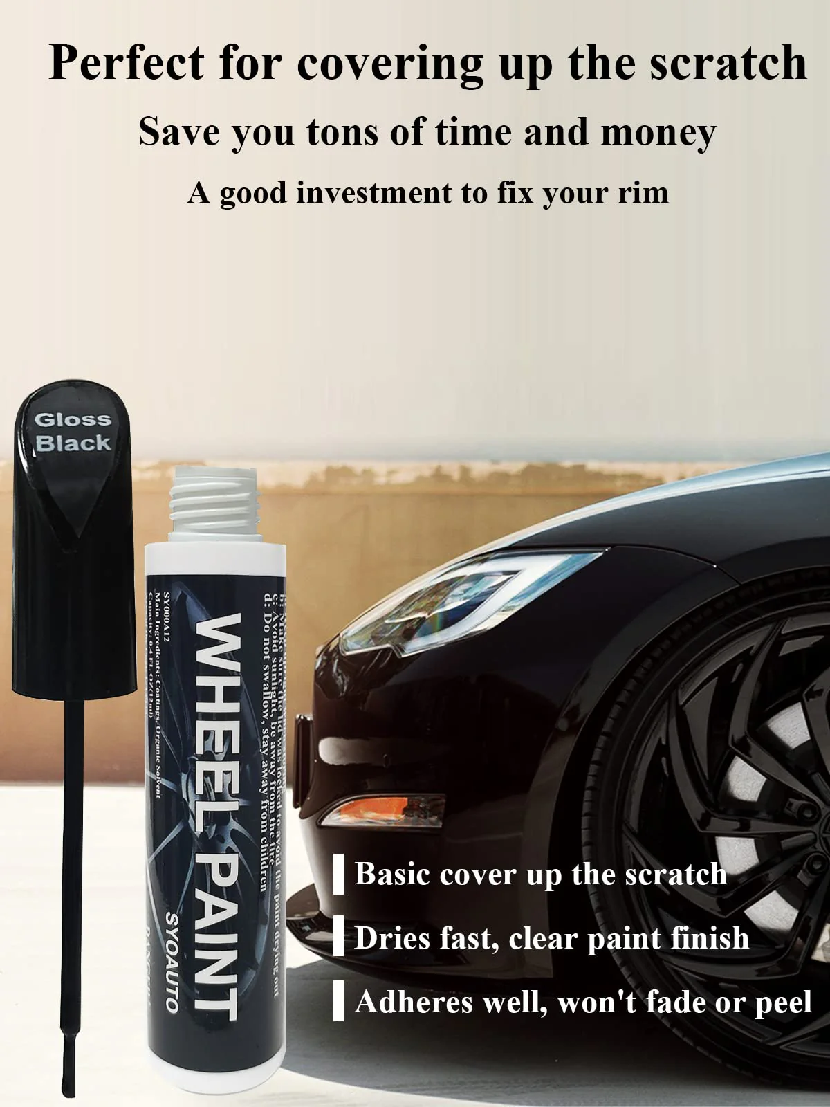 SYOAUTO Gloss Black Rim Touch Up Paint, Car Wheel Scratch Repair Touch Up Paint Pen, Universal Color Rim Wheel Paint (Gloss Black) - Image 2