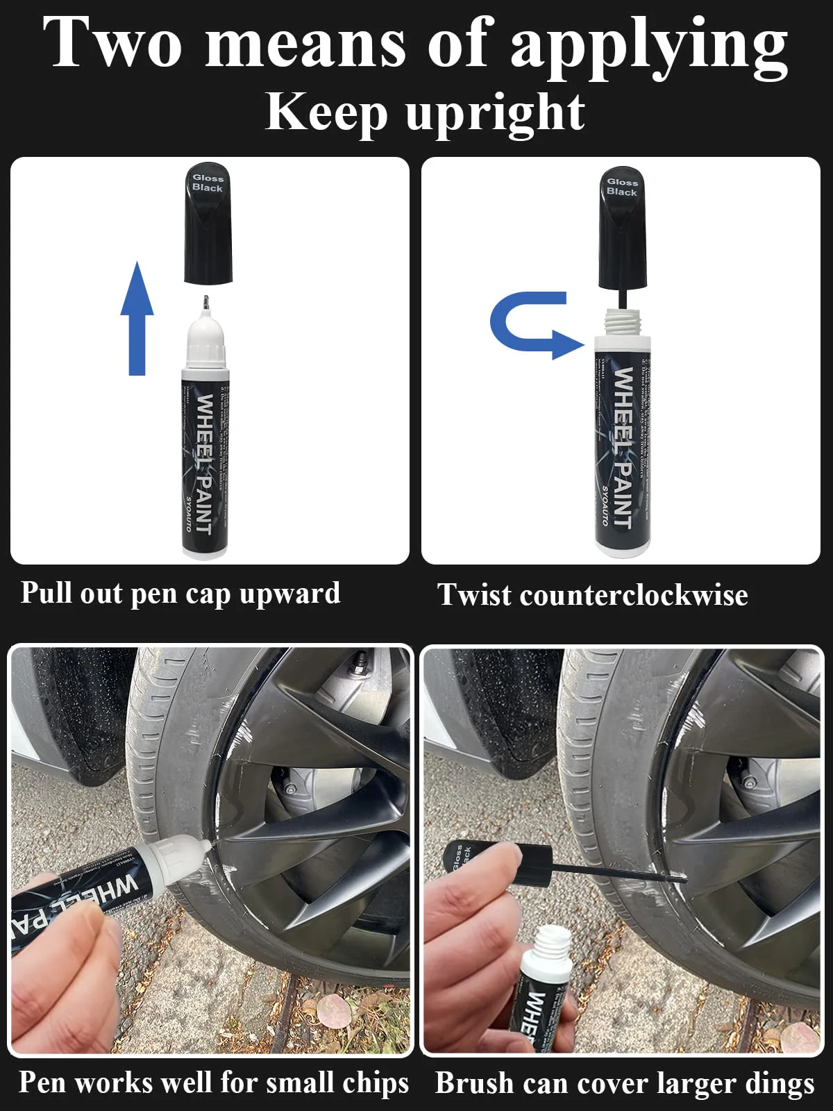 SYOAUTO Gloss Black Rim Touch Up Paint, Car Wheel Scratch Repair Touch Up Paint Pen, Universal Color Rim Wheel Paint (Gloss Black) - Image 3