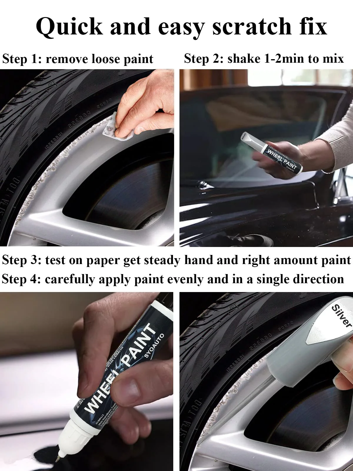 SYOAUTO Gloss Black Rim Touch Up Paint, Car Wheel Scratch Repair Touch Up Paint Pen, Universal Color Rim Wheel Paint (Gloss Black) - Image 4