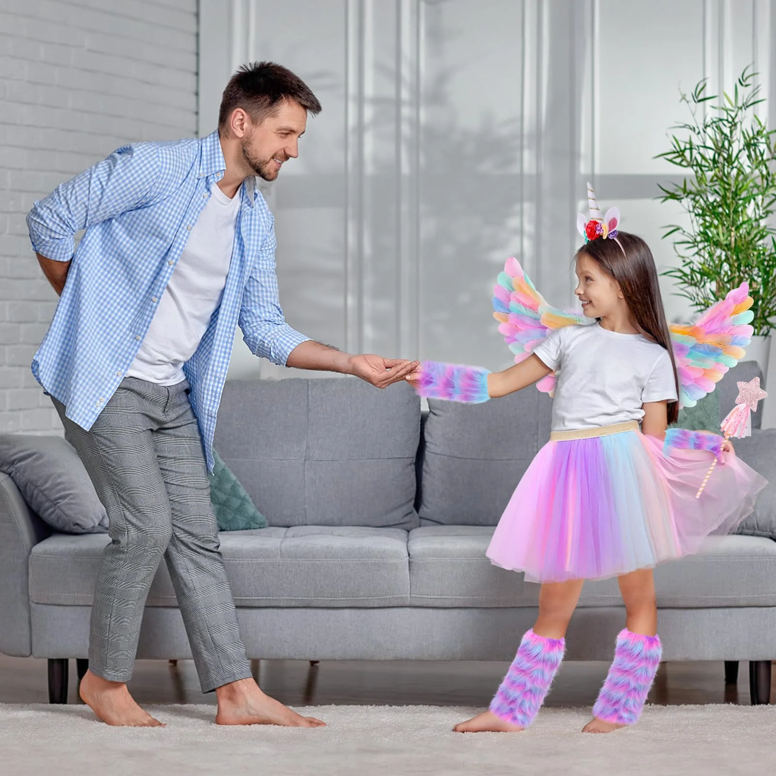Tacobear 8pcs Unicorn Costume for Girl with Fluffy Glove, Leg Warmer, Feather Wings, Tutu Skirt, Headband, Wand, Halloween Christmas Birthday Gift Toy Dress Up Clothes Unicorn Dress for Girl 4 5 6 7 8 - Image 2