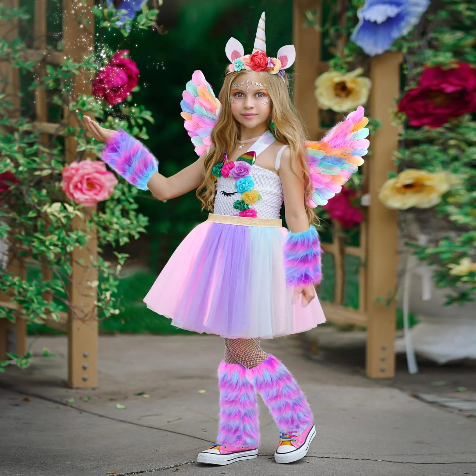 Tacobear 8pcs Unicorn Costume for Girl with Fluffy Glove, Leg Warmer, Feather Wings, Tutu Skirt, Headband, Wand, Halloween Christmas Birthday Gift Toy Dress Up Clothes Unicorn Dress for Girl 4 5 6 7 8 - Image 7