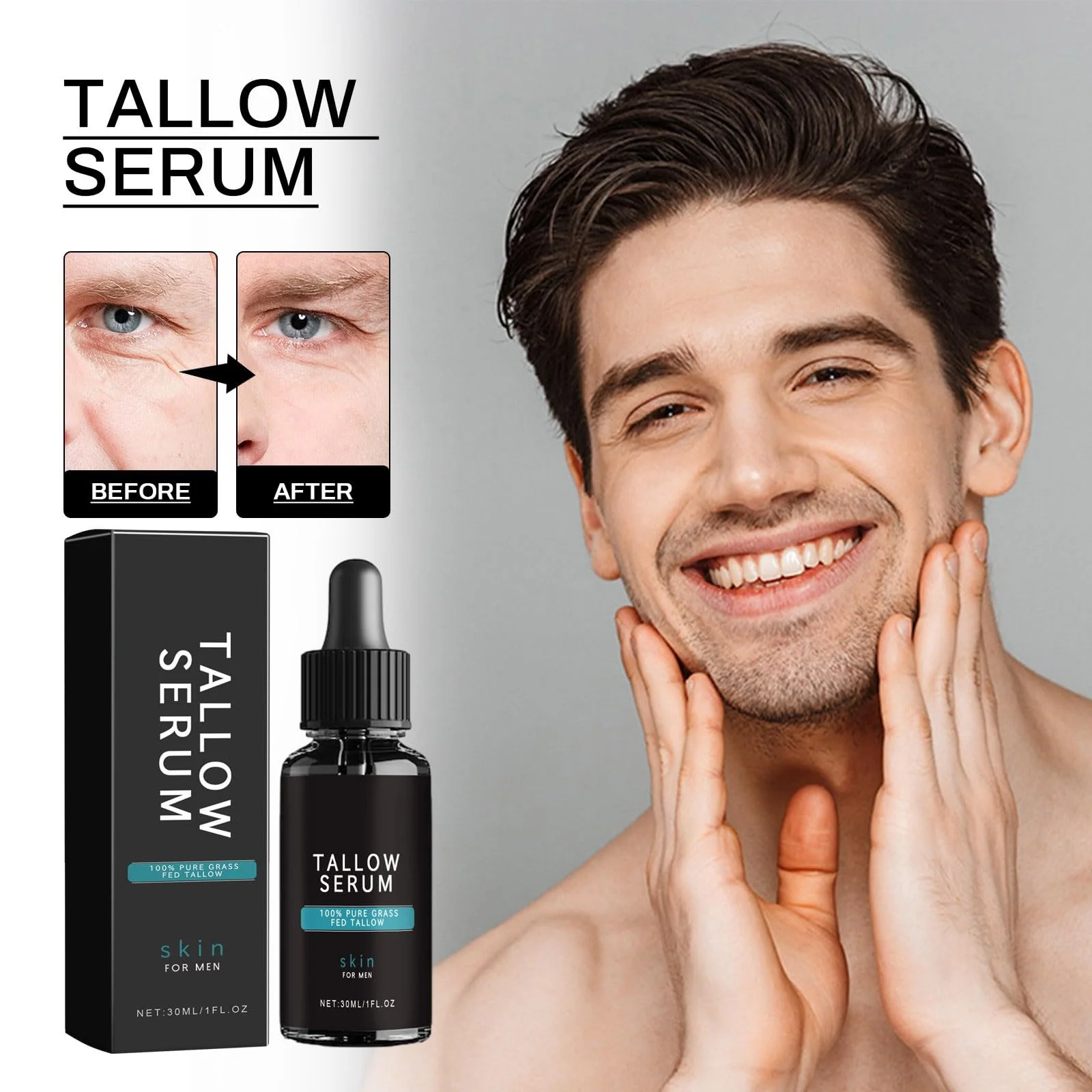 Tallow Skin Care for Men - Wrinkle Defense Tallow Balm, Tallow Face Moisturizer, Natural Tallow Men's Face Wash, Beef Tallow for Skin Face Moisturizer, Anti-Wrinkle Night Serum (1 Set) - Image 6