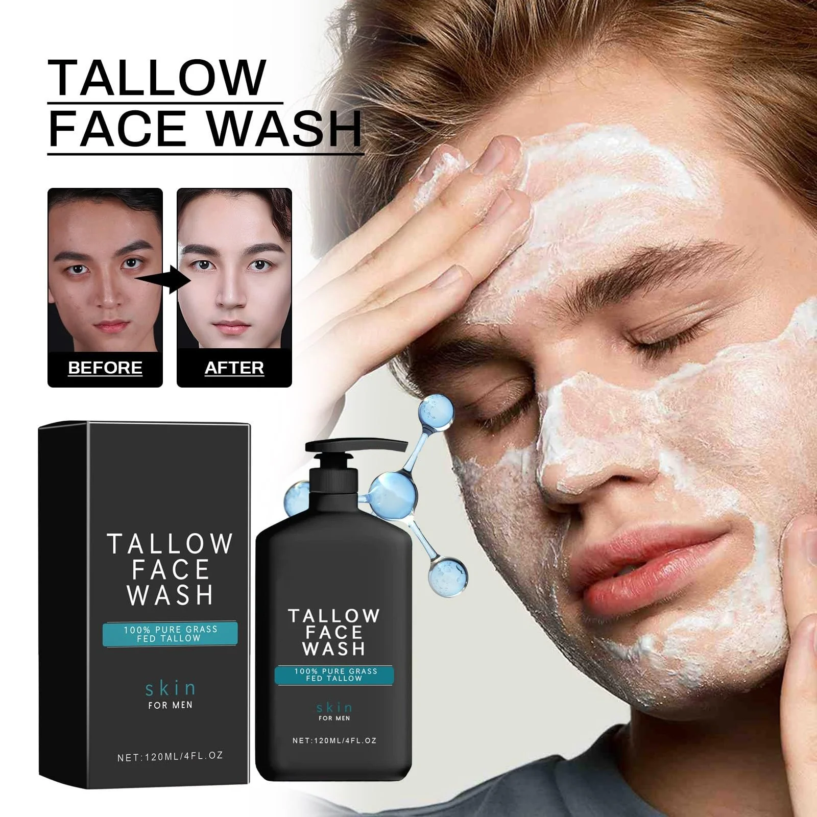 Tallow Skin Care for Men - Wrinkle Defense Tallow Balm, Tallow Face Moisturizer, Natural Tallow Men's Face Wash, Beef Tallow for Skin Face Moisturizer, Anti-Wrinkle Night Serum (1 Set) - Image 7