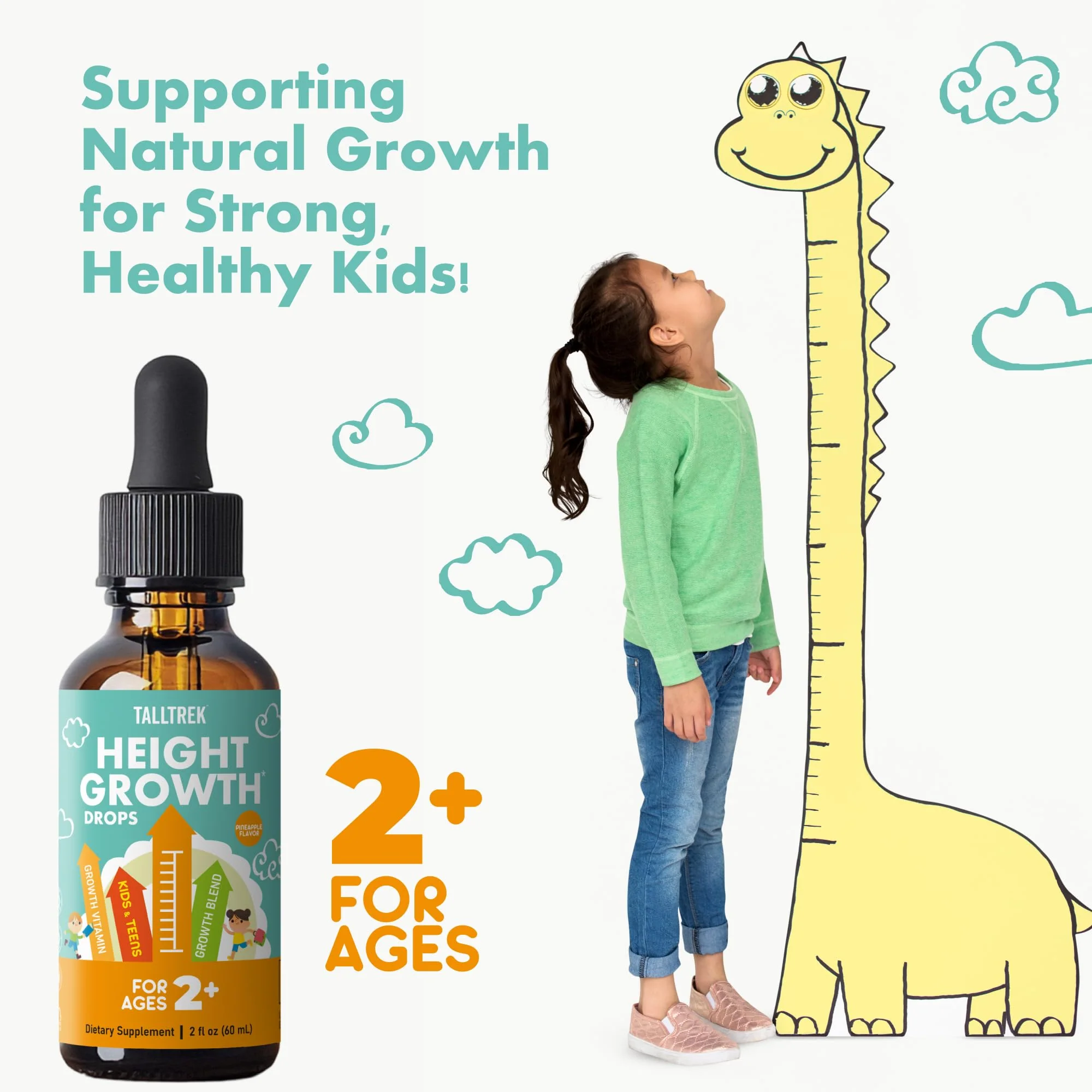 TallTrek Height Growth Supplement Drops for Kids - Teens Bone Growth Height Increase and Maximizer Immune Health Drops with Vitamins D3 K2 Zinc & Calcium - Gluten Free Vegan Pineapple Flavor - Image 2