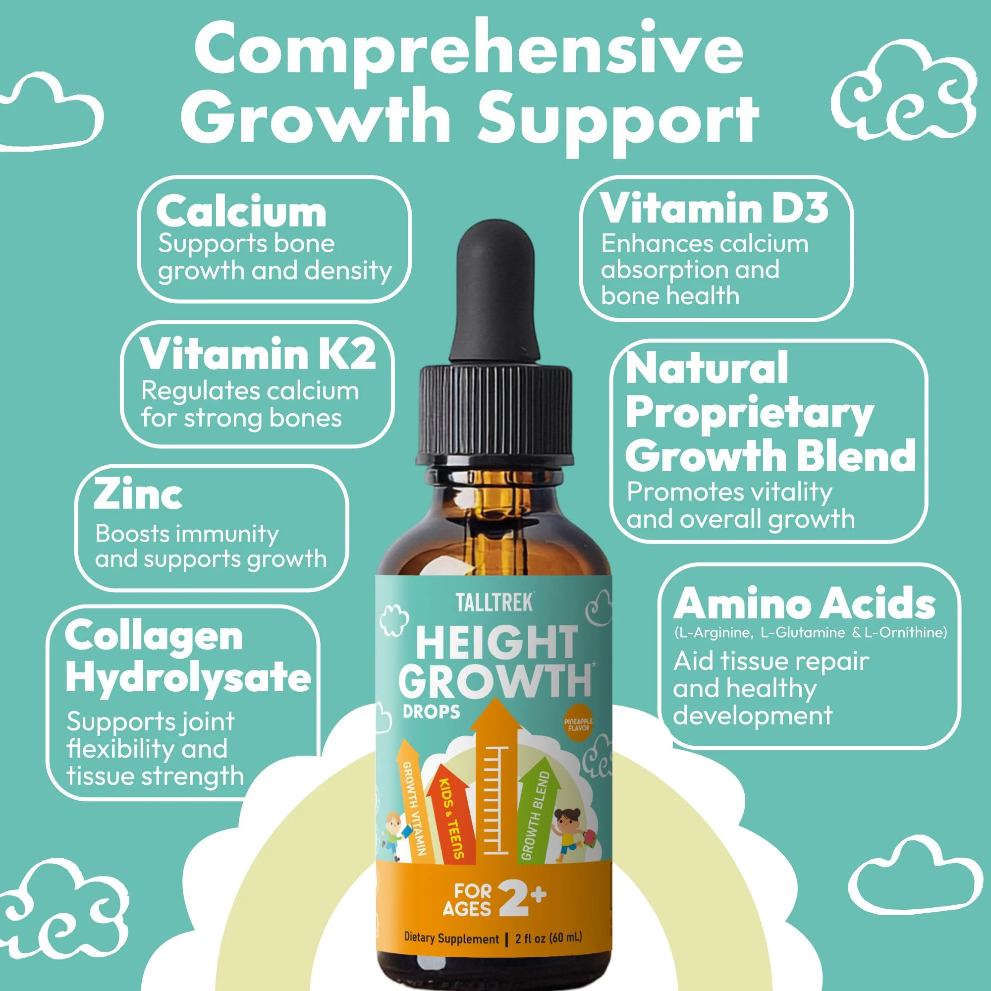 TallTrek Height Growth Supplement Drops for Kids - Teens Bone Growth Height Increase and Maximizer Immune Health Drops with Vitamins D3 K2 Zinc & Calcium - Gluten Free Vegan Pineapple Flavor - Image 3