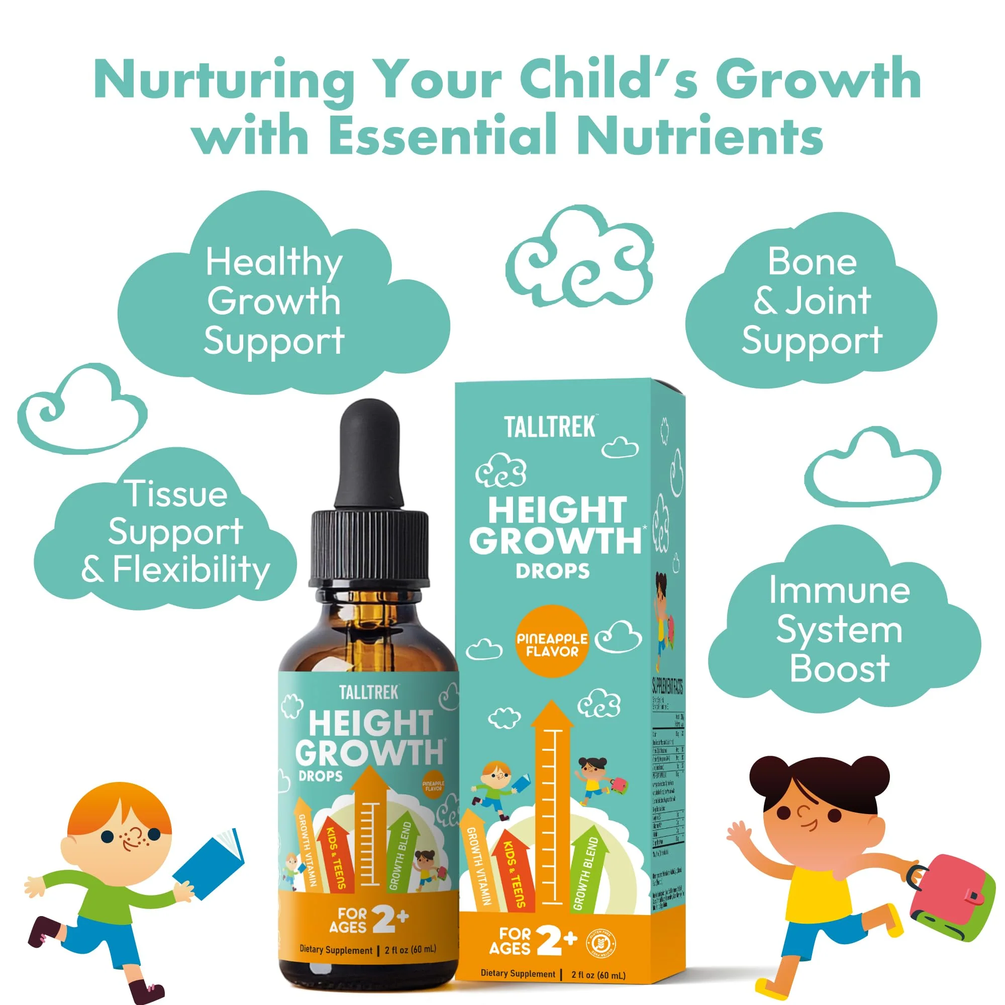 TallTrek Height Growth Supplement Drops for Kids - Teens Bone Growth Height Increase and Maximizer Immune Health Drops with Vitamins D3 K2 Zinc & Calcium - Gluten Free Vegan Pineapple Flavor - Image 4