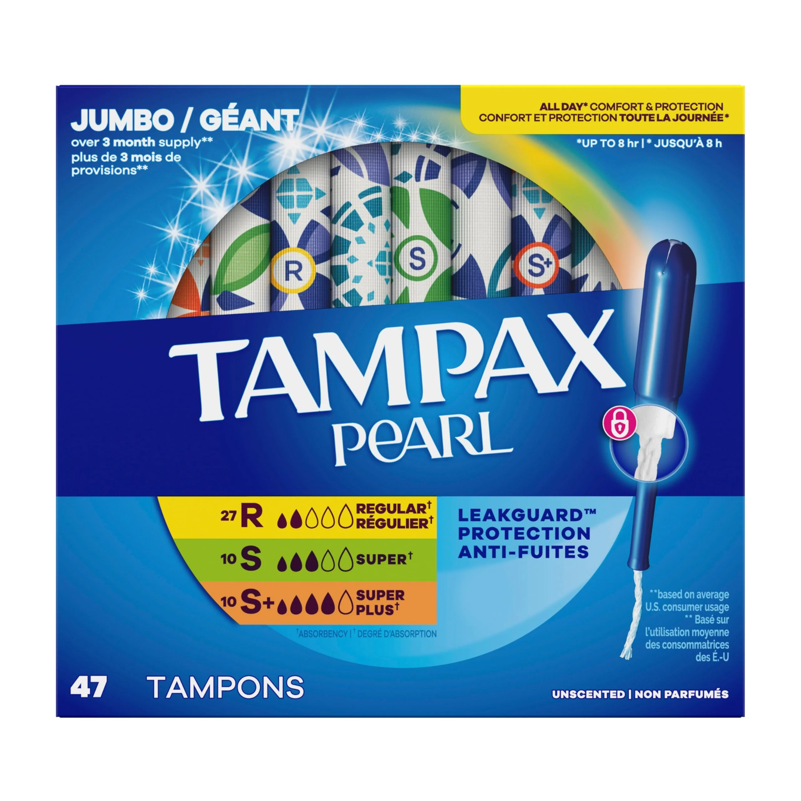 Tampax Pearl Tampons for Women Multipack, with LeakGuard Braid, Regular/Super/Super Plus Absorbency, Unscented, 47 Count - Image 9