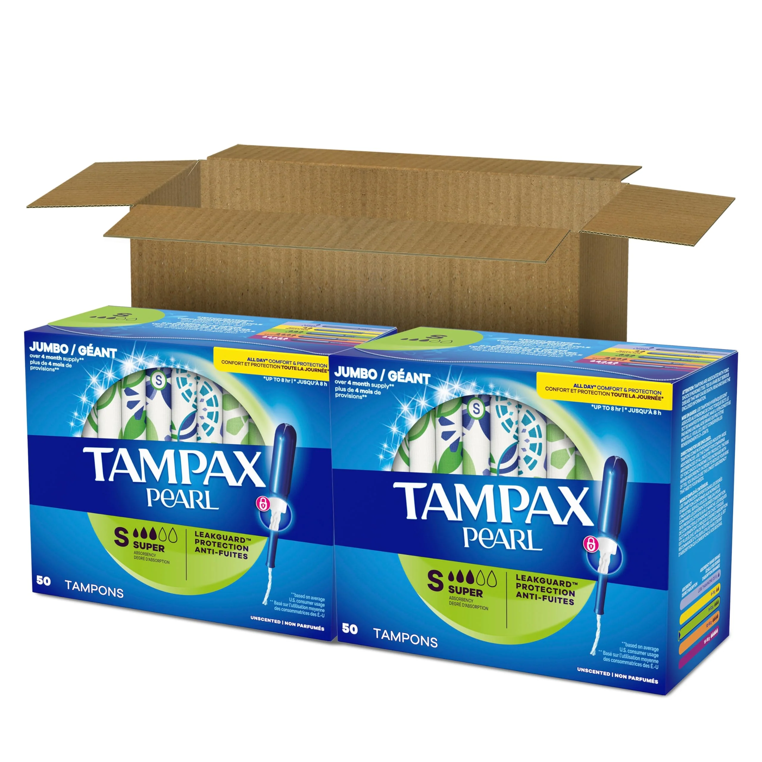 Tampax Pearl Tampons for Women, with LeakGuard Braid, Super Absorbency, Unscented, 100 Count (2 Packs of 50) - Image 9