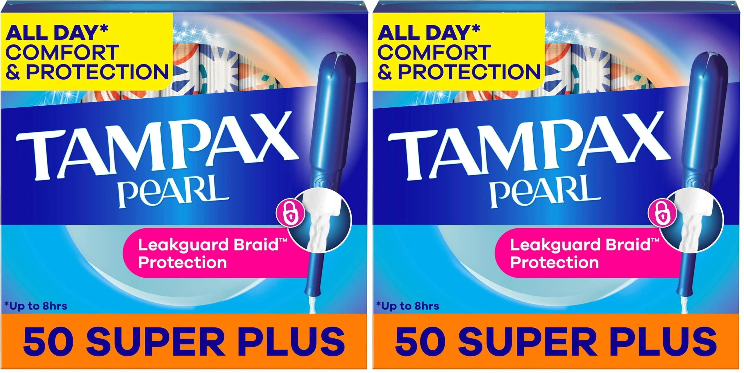 Tampax Pearl Tampons Super Plus Absorbency, with Leakguard Braid, Unscented, 50 Count (Pack of 2)