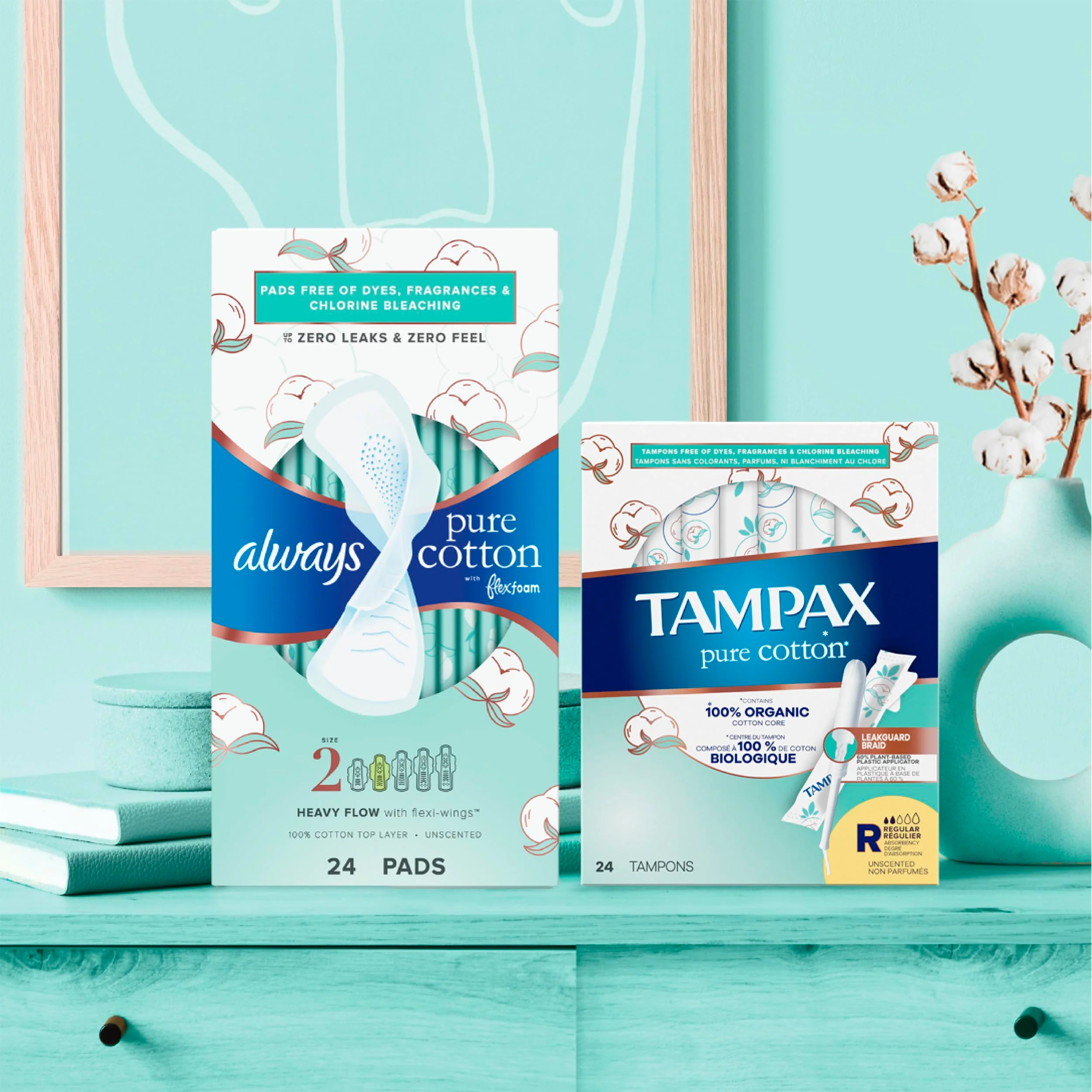 Tampax Pure Cotton Tampons, Contains 100% Organic Cotton Core, Regular/Super Absorbency, unscented, 22 Count x 3 Packs (66 Count Total) - Image 5