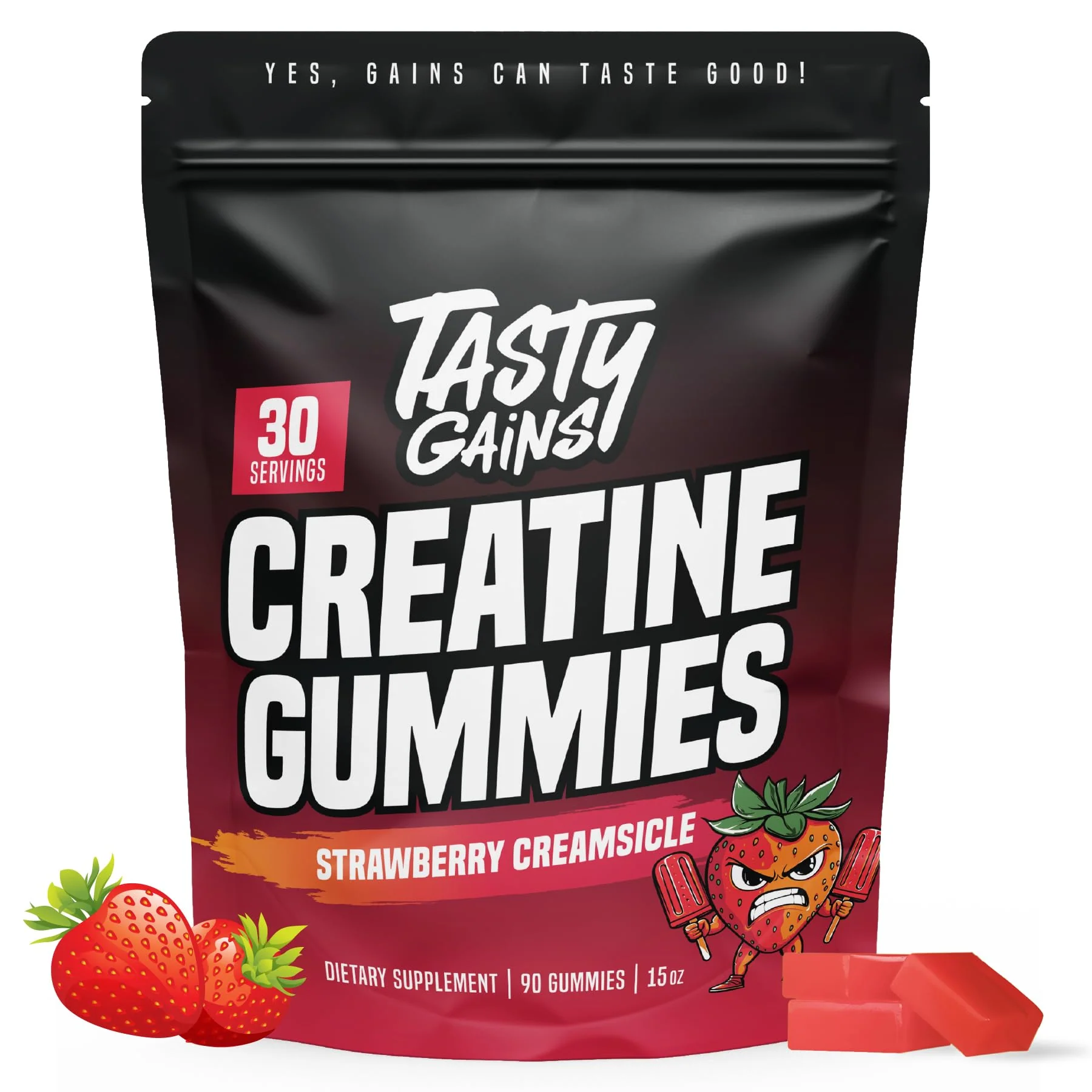 TASTY GAINS Creatine Gummies - 90g of Creatine Monohydrate - Workout Supplements - Build Muscle & Boost Strength for Men & Women - Made in USA - Non GMO - (Large, Strawberry Creamsicle Flavor)