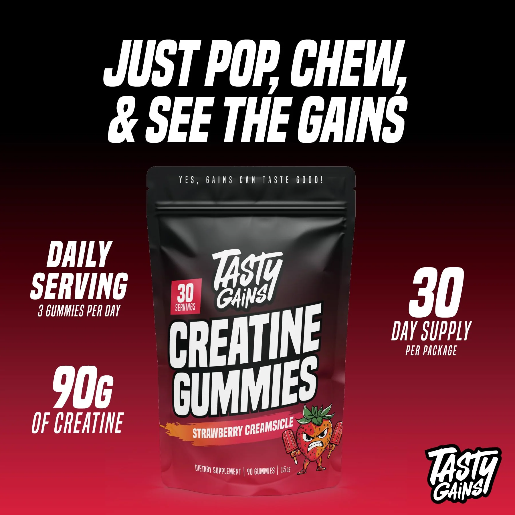 TASTY GAINS Creatine Gummies - 90g of Creatine Monohydrate - Workout Supplements - Build Muscle & Boost Strength for Men & Women - Made in USA - Non GMO - (Large, Strawberry Creamsicle Flavor) - Image 2