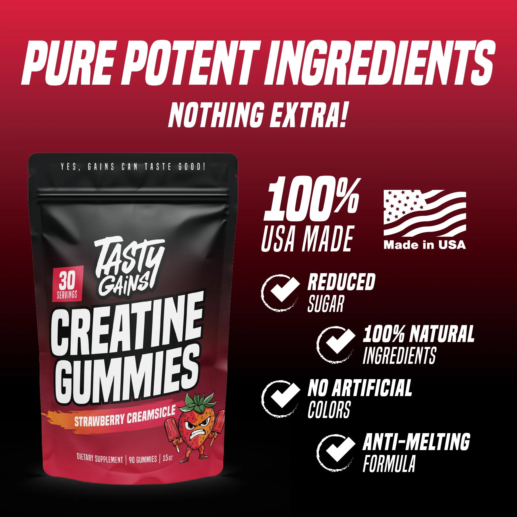 TASTY GAINS Creatine Gummies - 90g of Creatine Monohydrate - Workout Supplements - Build Muscle & Boost Strength for Men & Women - Made in USA - Non GMO - (Large, Strawberry Creamsicle Flavor) - Image 3