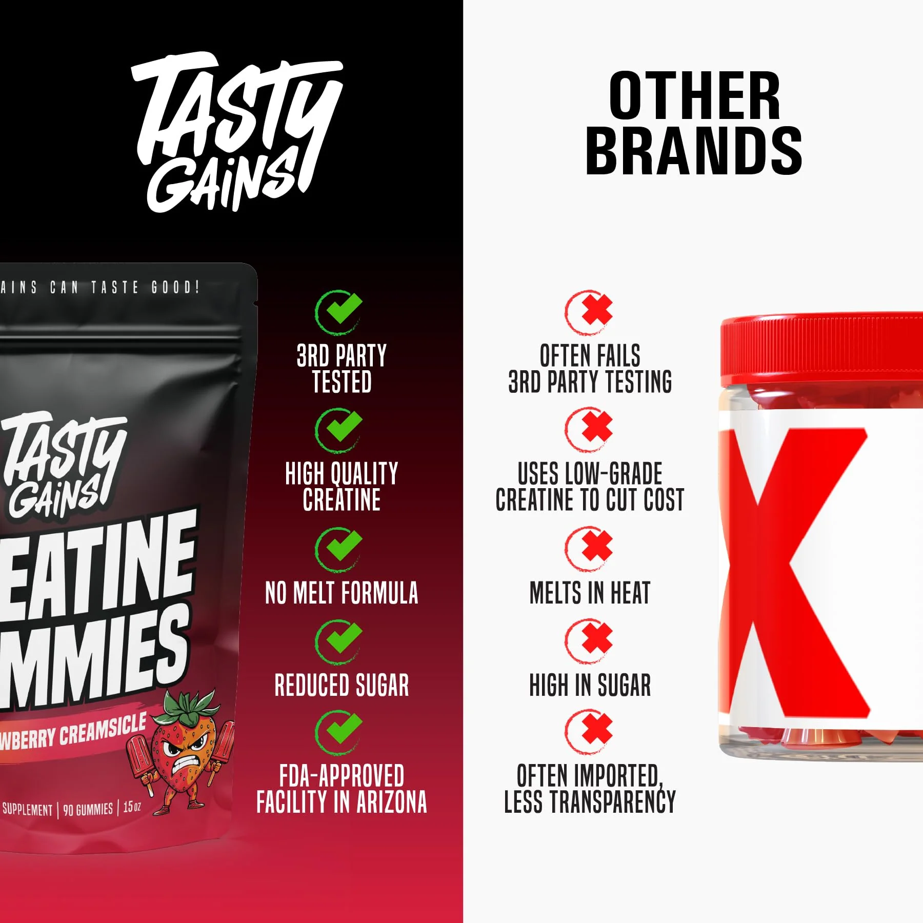 TASTY GAINS Creatine Gummies - 90g of Creatine Monohydrate - Workout Supplements - Build Muscle & Boost Strength for Men & Women - Made in USA - Non GMO - (Large, Strawberry Creamsicle Flavor) - Image 6