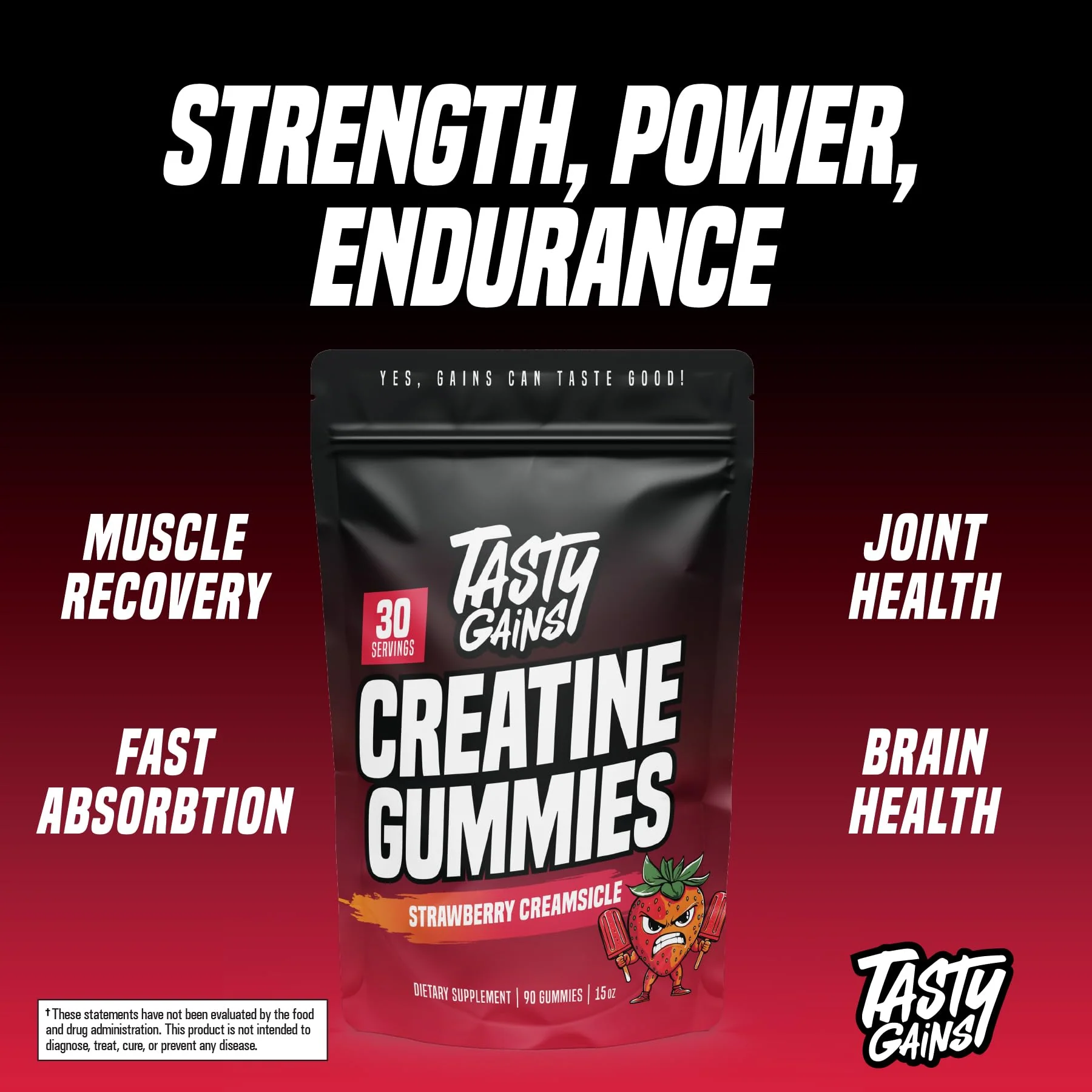 TASTY GAINS Creatine Gummies - 90g of Creatine Monohydrate - Workout Supplements - Build Muscle & Boost Strength for Men & Women - Made in USA - Non GMO - (Large, Strawberry Creamsicle Flavor) - Image 7