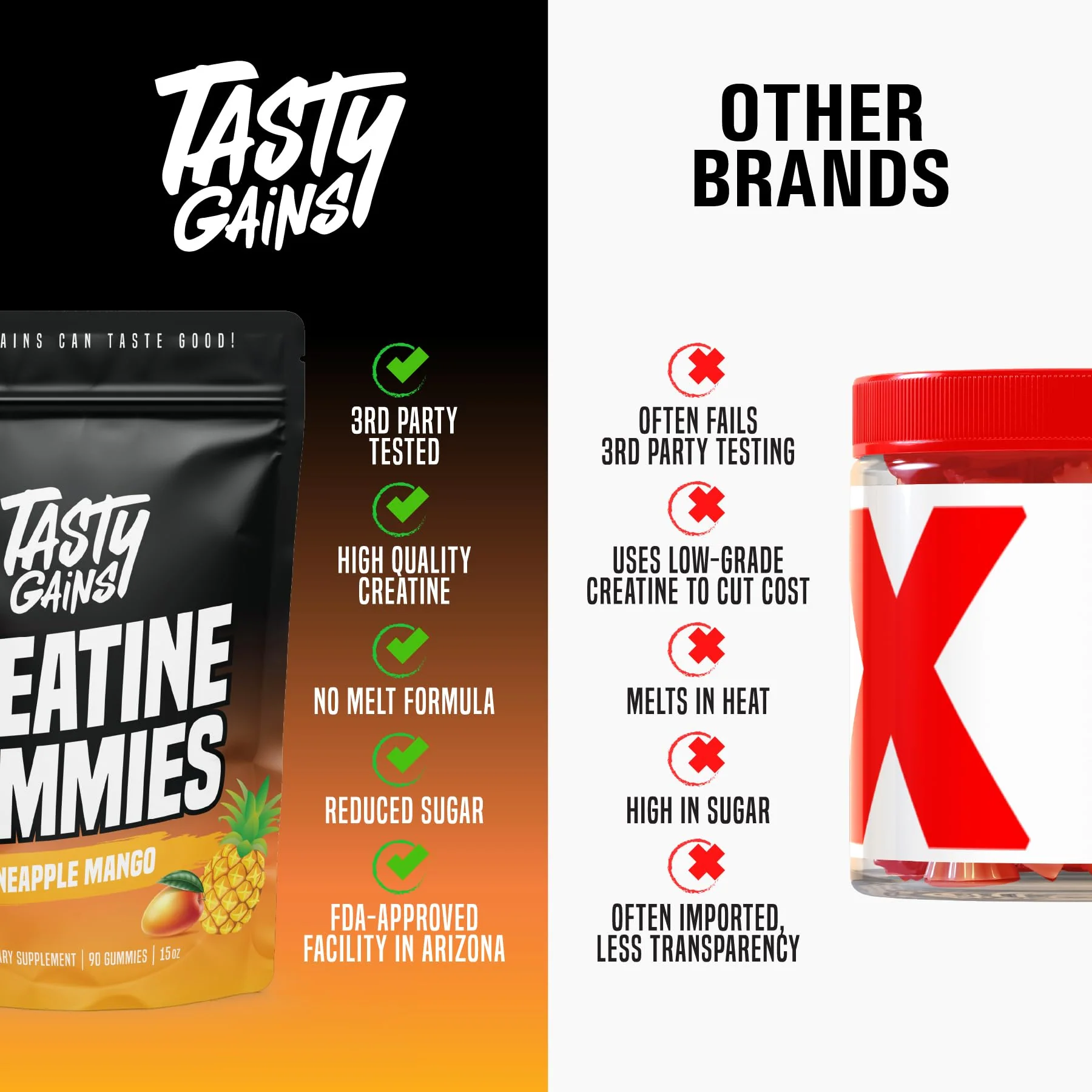 TASTY GAINS Creatine Gummies - 90g of Creatine Monohydrate - Workout Supplements - Build Muscle & Boost Strength for Men & Women - Made in USA - Non GMO - Vegan Friendly (Large, Pineapple Mango) - Image 6