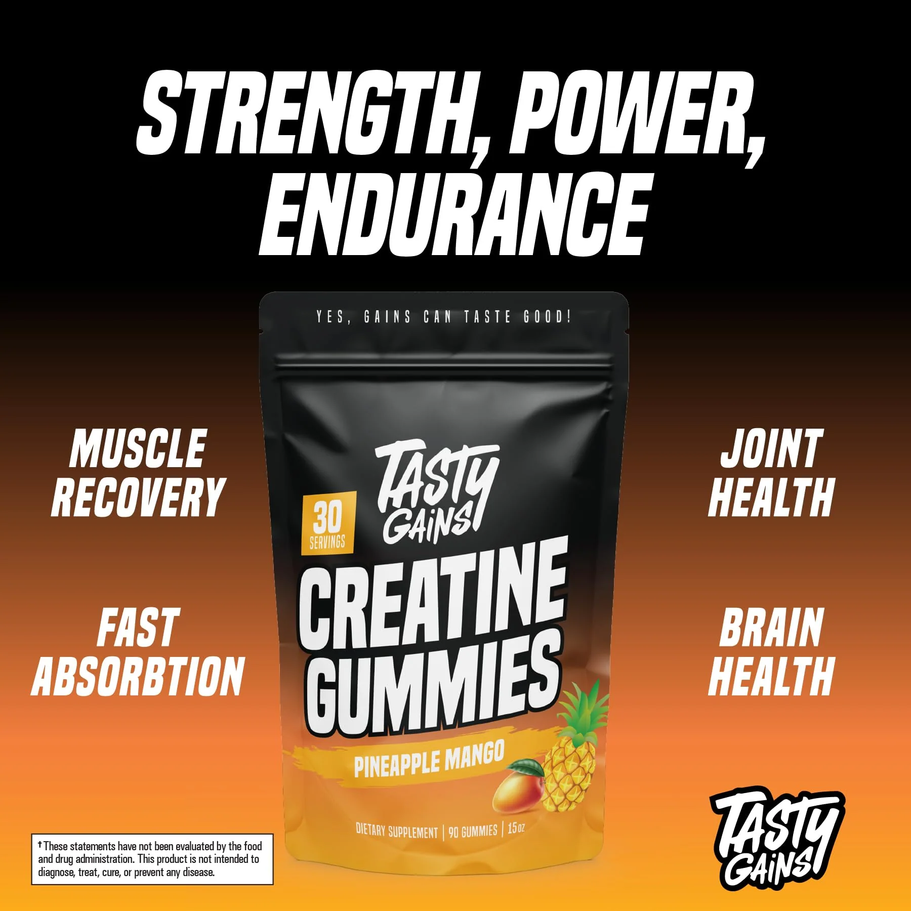 TASTY GAINS Creatine Gummies - 90g of Creatine Monohydrate - Workout Supplements - Build Muscle & Boost Strength for Men & Women - Made in USA - Non GMO - Vegan Friendly (Large, Pineapple Mango) - Image 7