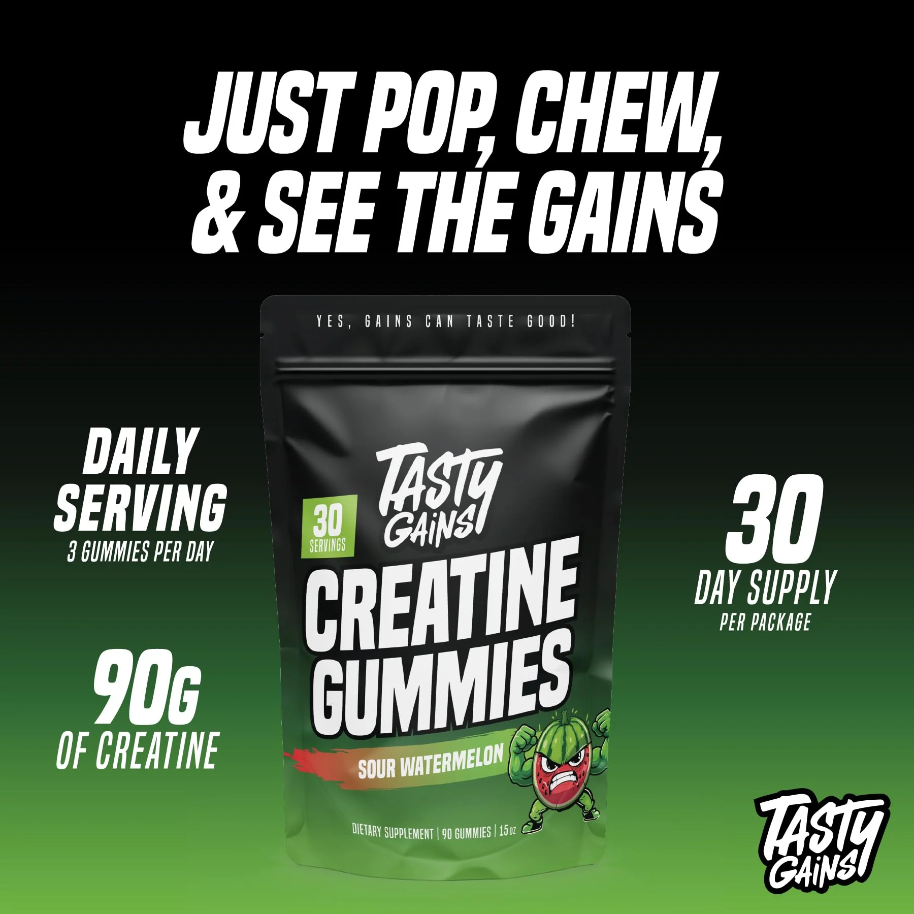 TASTY GAINS Creatine Gummies, 90g of Creatine, Non-GMO, Vegan - Build Muscle & Boost Strength for Men & Women (1g Creatine Monohydrate Per Gummy) Made in USA (90, Sour Watermelon) - Image 3