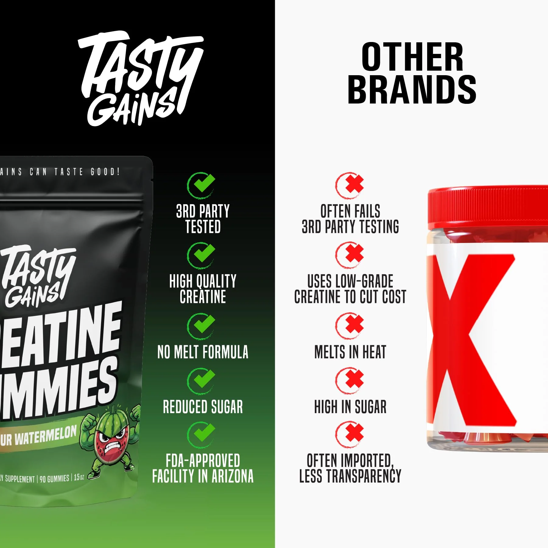 TASTY GAINS Creatine Gummies, 90g of Creatine, Non-GMO, Vegan - Build Muscle & Boost Strength for Men & Women (1g Creatine Monohydrate Per Gummy) Made in USA (90, Sour Watermelon) - Image 4