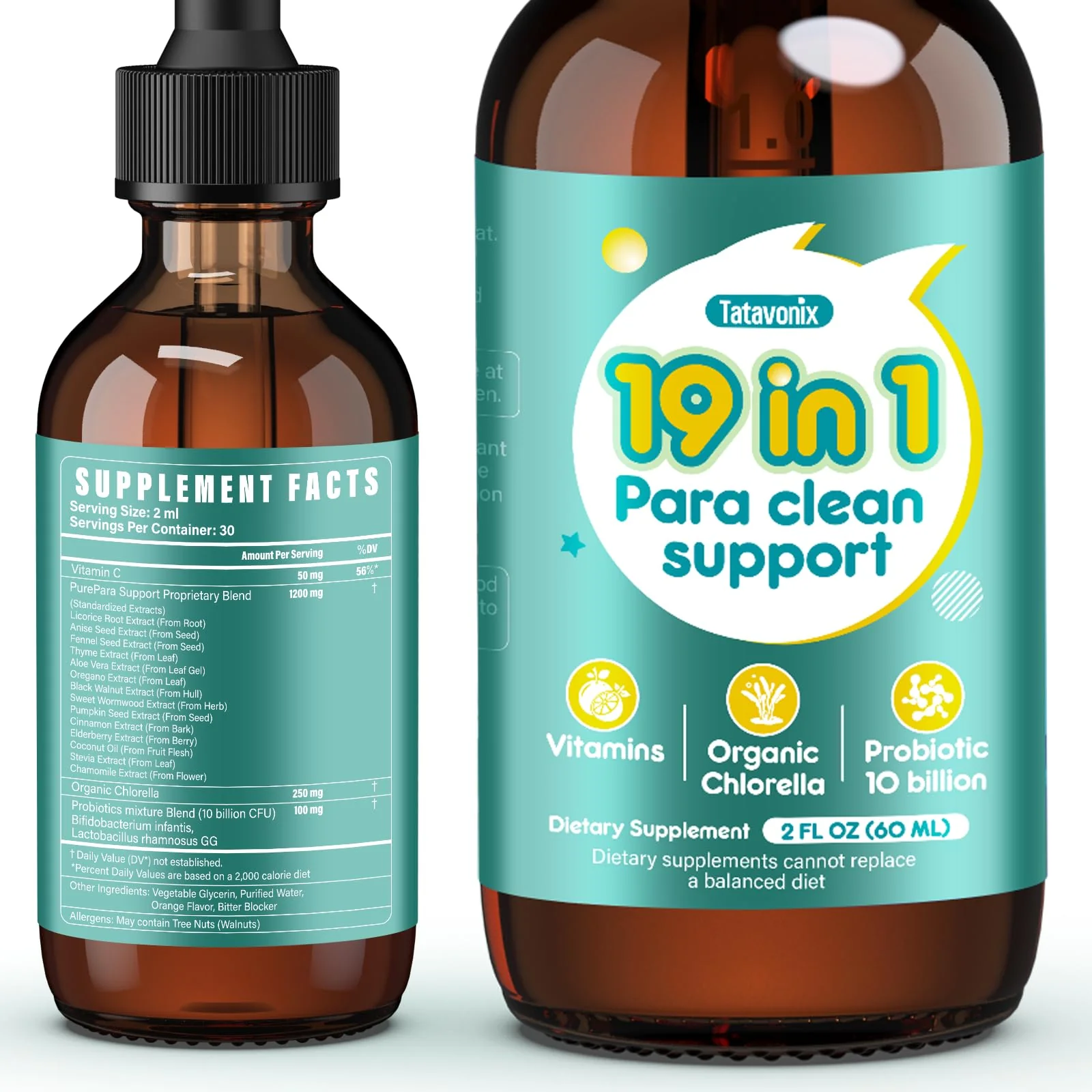 Tatavonix 19 in 1 Herbal Gut Cleanse Drops – Wormwood, Black Walnut, Chlorella 250mg, 10B Probiotics, Clove & Oregano – Liquid Detox Support for Adults & Kids, Alcohol-Free, 2oz