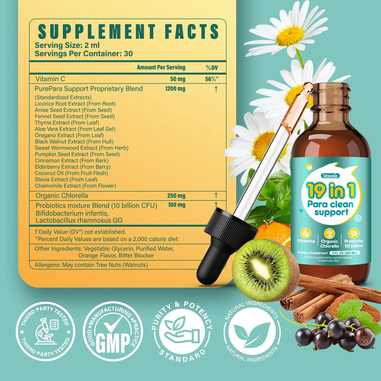 Tatavonix 19 in 1 Herbal Gut Cleanse Drops – Wormwood, Black Walnut, Chlorella 250mg, 10B Probiotics, Clove & Oregano – Liquid Detox Support for Adults & Kids, Alcohol-Free, 2oz - Image 3