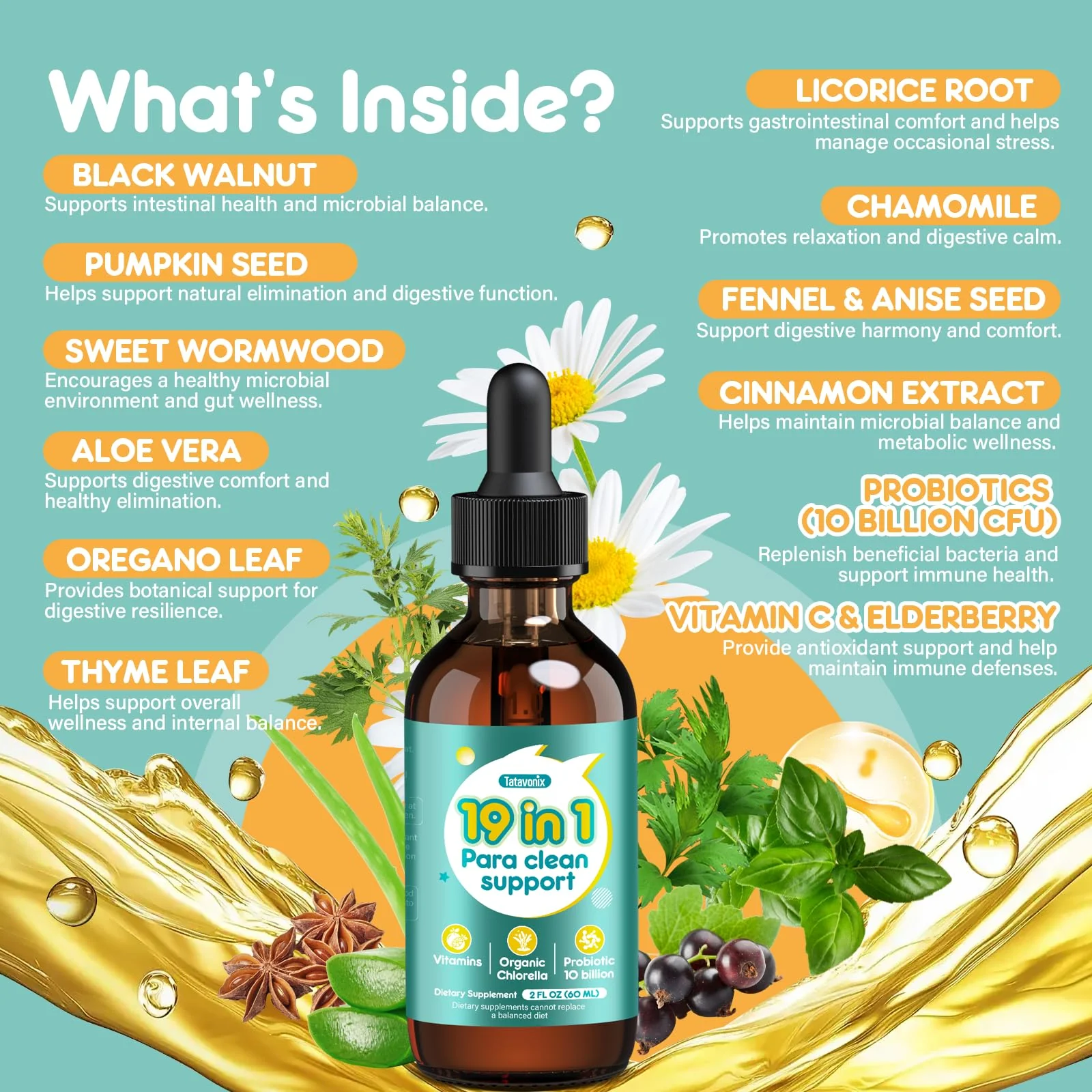 Tatavonix 19 in 1 Herbal Gut Cleanse Drops – Wormwood, Black Walnut, Chlorella 250mg, 10B Probiotics, Clove & Oregano – Liquid Detox Support for Adults & Kids, Alcohol-Free, 2oz - Image 6