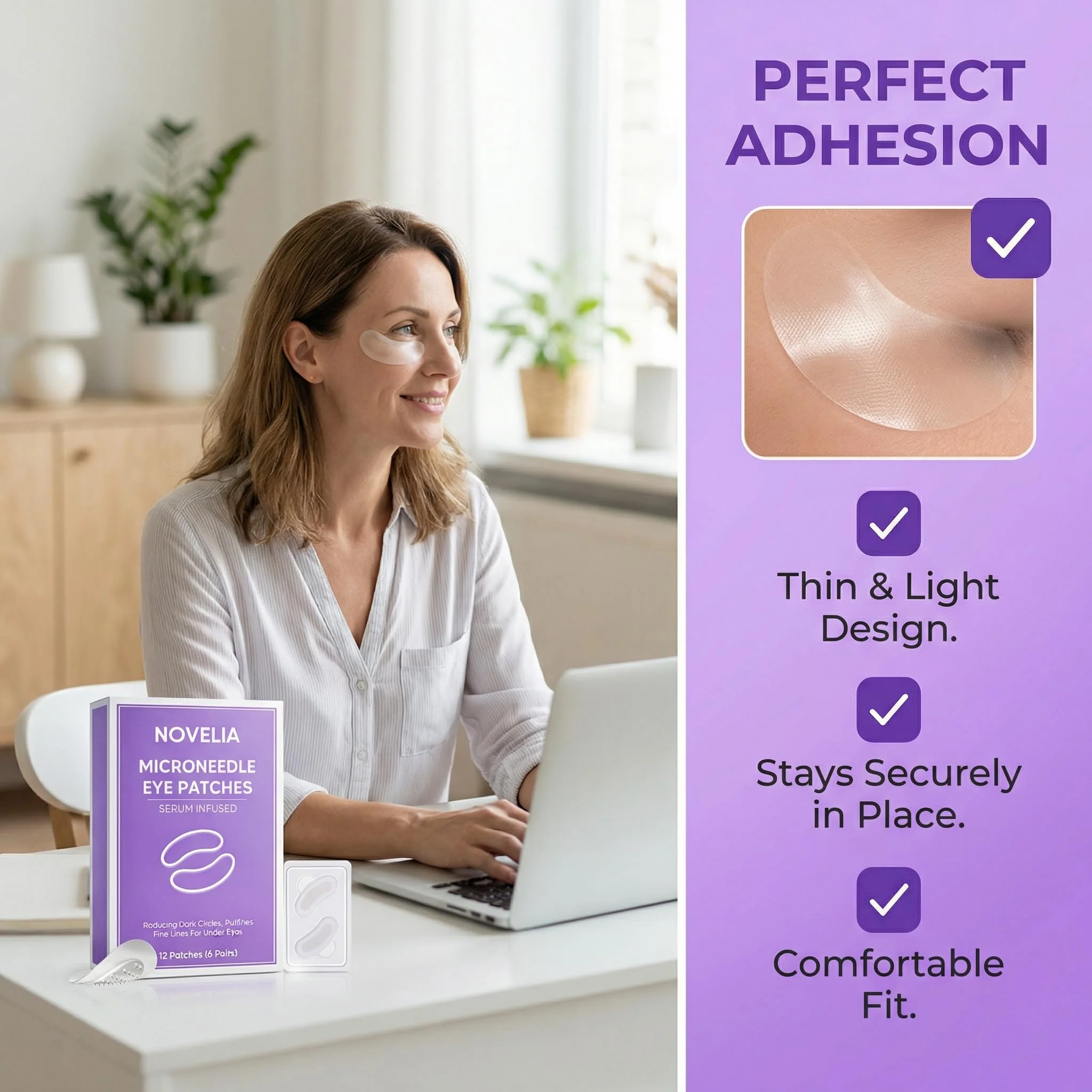 TAWODIUM Novelia Micro Eye Patches, Microglow Undereye Patches, Hyaluronic Acid Serum Infused Eye Masks, Reduce Puffy and Dark Circles, Firming Smile Line, Hydrating & Smoothing Skin (6Pairs) (1 Box) - Image 5