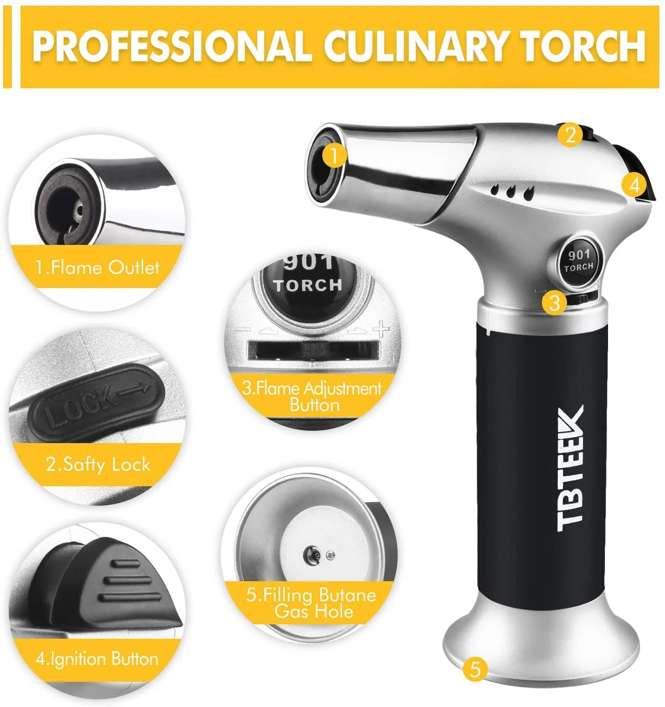 TBTeeK Butane Torch, Kitchen Torch Cooking Torch with Safety Lock & Adjustable Flame for Cooking, BBQ, Baking, Brulee, Creme, DIY Soldering, 2Pack (Butane Not Included) - Image 6