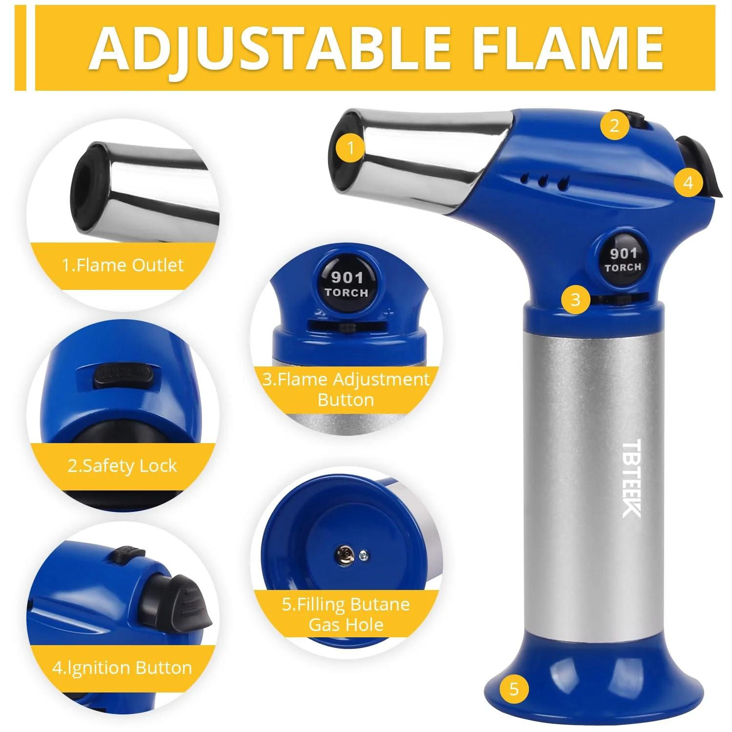 TBTEEK Butane Torch T901, Kitchen Torch Cooking Torch with Safety Lock & Adjustable Flame for Cooking, BBQ, Baking, Brulee, Creme, DIY Soldering(Butane Not Included), Blue - Image 4