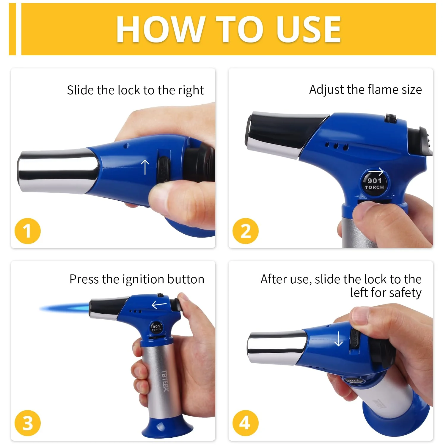 TBTEEK Butane Torch T901, Kitchen Torch Cooking Torch with Safety Lock & Adjustable Flame for Cooking, BBQ, Baking, Brulee, Creme, DIY Soldering(Butane Not Included), Blue - Image 6