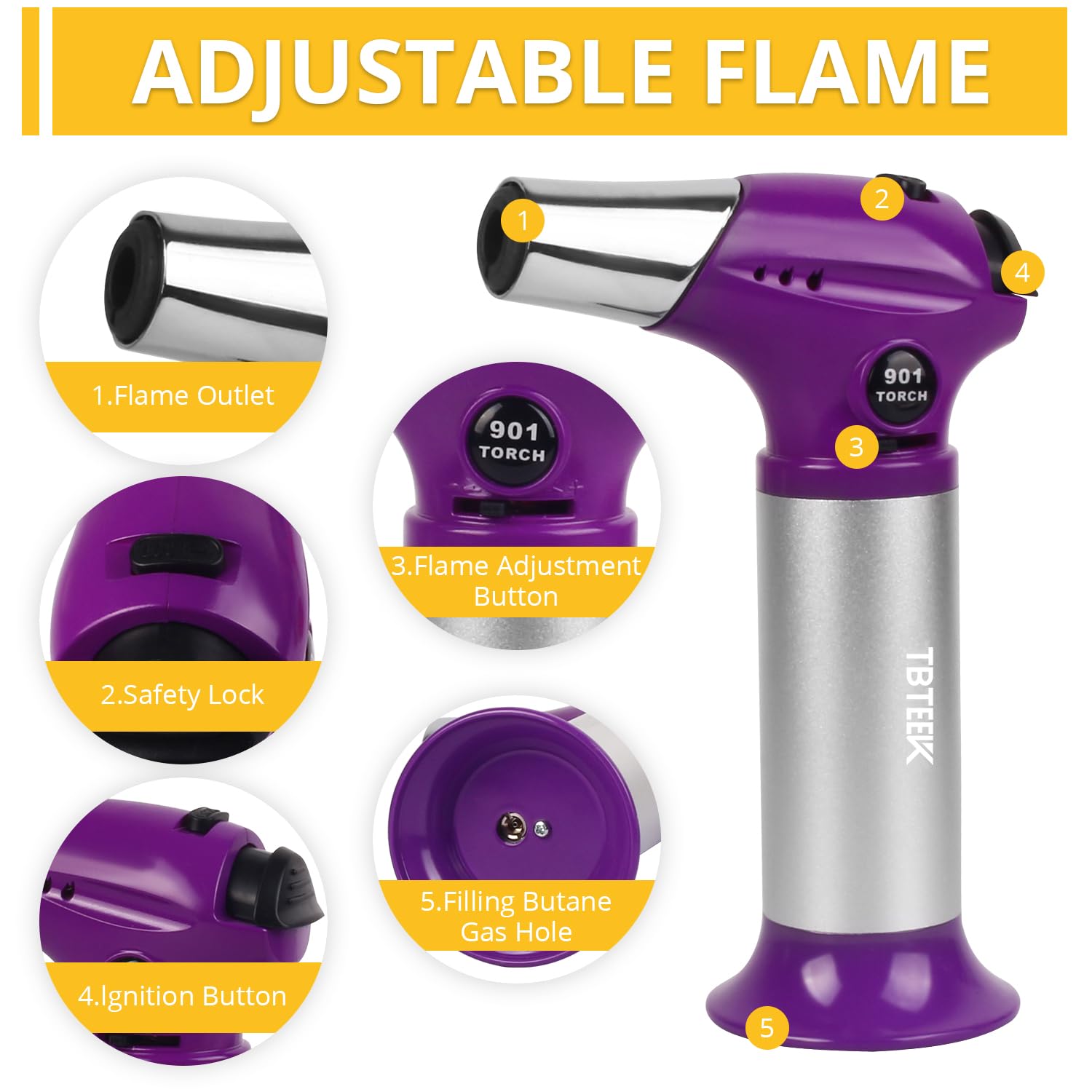 TBTEEK Butane Torch T901, Kitchen Torch Cooking Torch with Safety Lock & Adjustable Flame for Cooking, BBQ, Baking, Brulee, Creme, DIY Soldering(Butane Not Included), Purple - Image 4