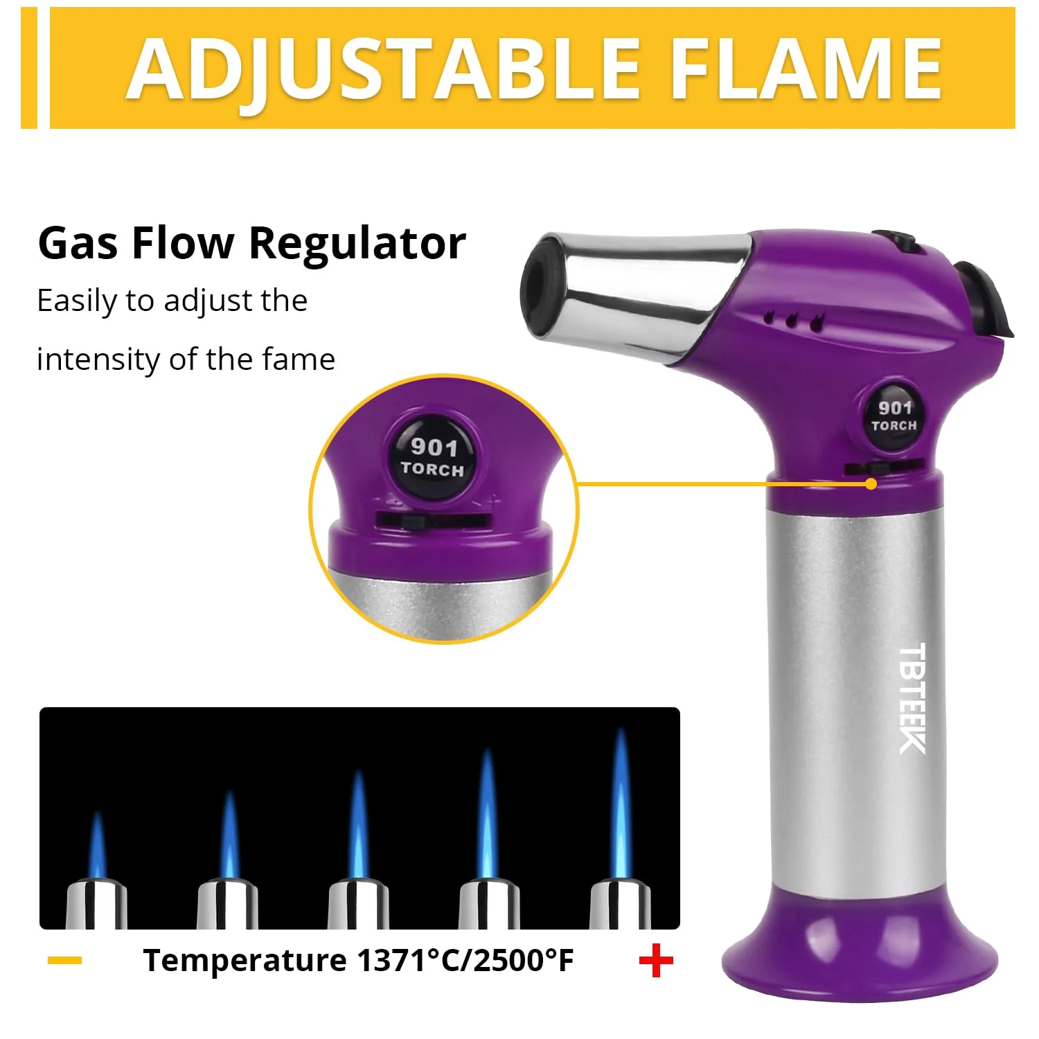 TBTEEK Butane Torch T901, Kitchen Torch Cooking Torch with Safety Lock & Adjustable Flame for Cooking, BBQ, Baking, Brulee, Creme, DIY Soldering(Butane Not Included), Purple - Image 5