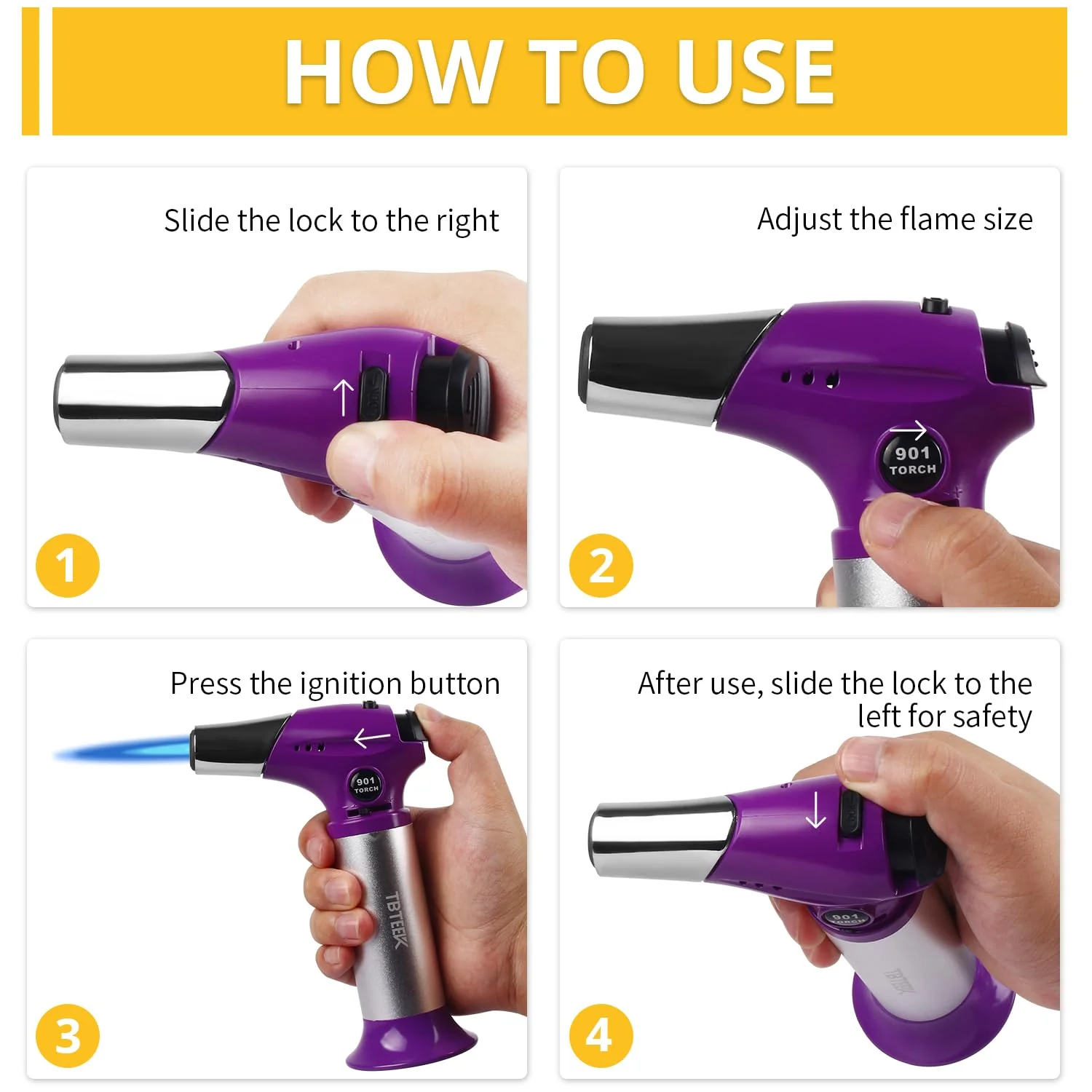 TBTEEK Butane Torch T901, Kitchen Torch Cooking Torch with Safety Lock & Adjustable Flame for Cooking, BBQ, Baking, Brulee, Creme, DIY Soldering(Butane Not Included), Purple - Image 6