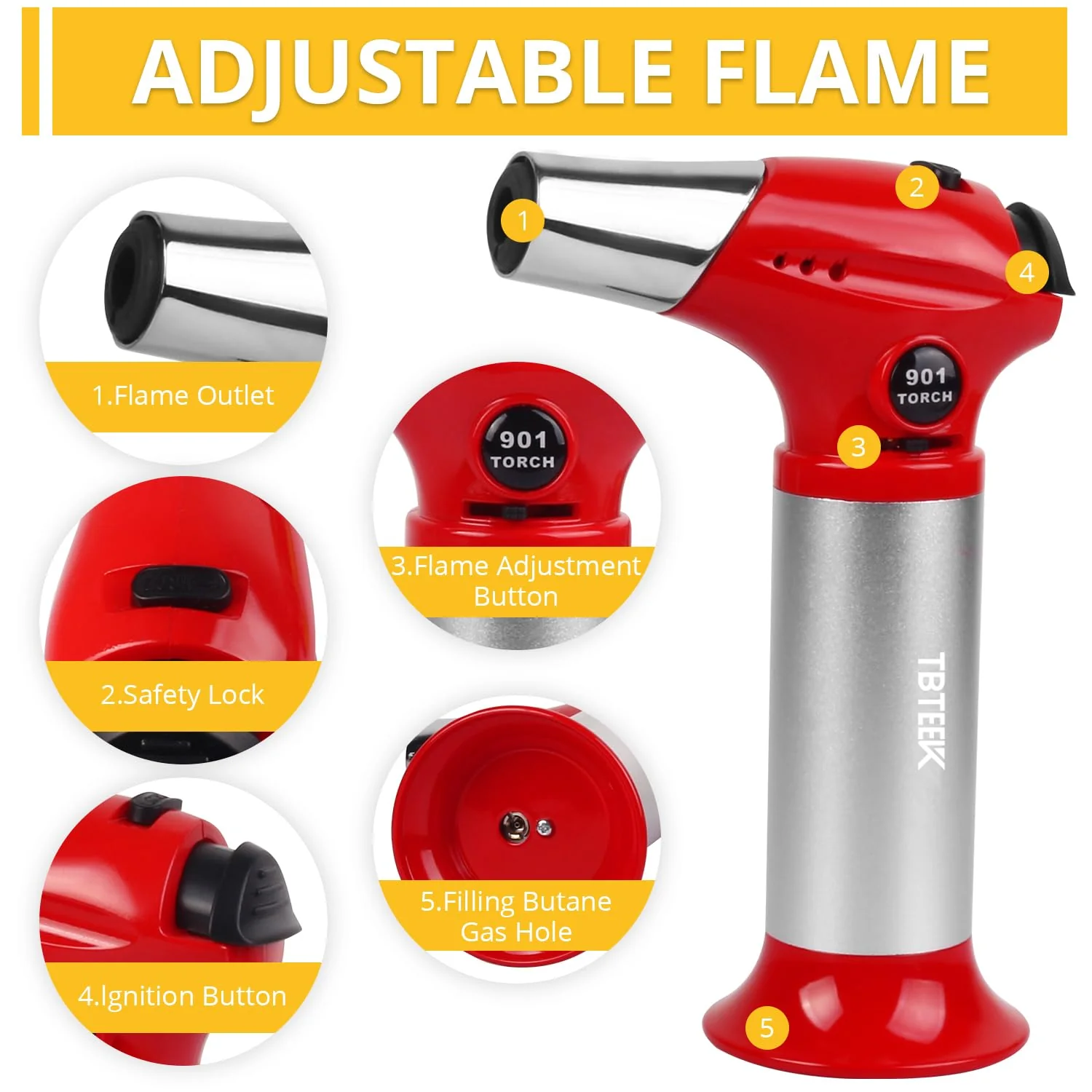 TBTEEK Butane Torch T901, Kitchen Torch Cooking Torch with Safety Lock & Adjustable Flame for Cooking, BBQ, Baking, Brulee, Creme, DIY Soldering(Butane Not Included), Red - Image 4