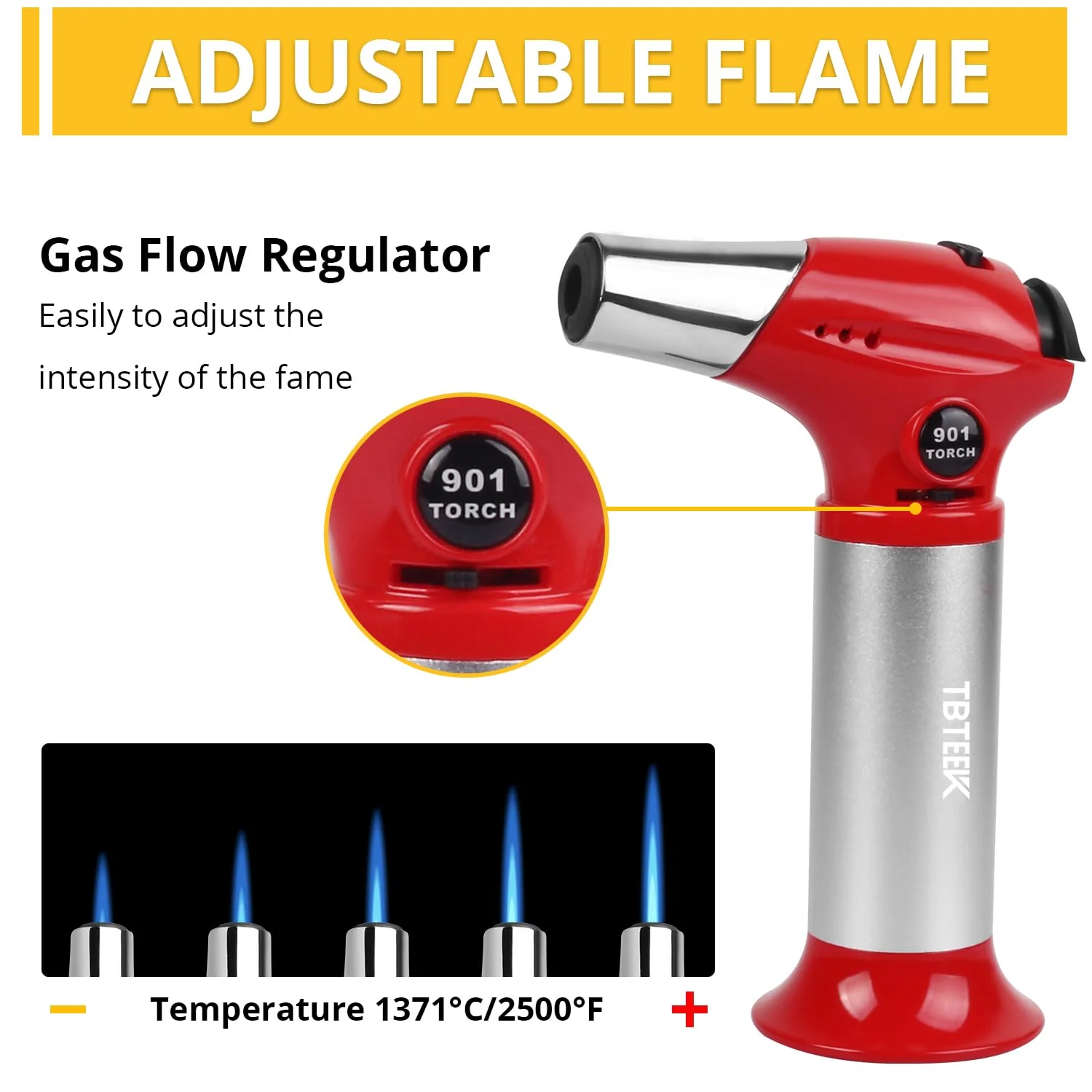 TBTEEK Butane Torch T901, Kitchen Torch Cooking Torch with Safety Lock & Adjustable Flame for Cooking, BBQ, Baking, Brulee, Creme, DIY Soldering(Butane Not Included), Red - Image 5
