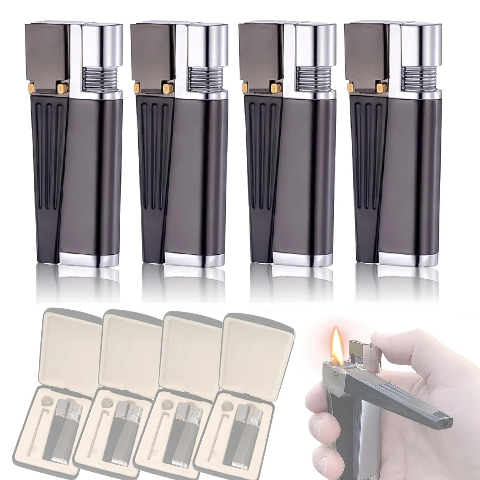 Tcairzl Foldable Lighter Multi-Purpose 2 in 1 Slant Jet Soft Flame Open Lighter Refillable Metal Torch Lighter with Accessories, Heavy-Duty Gift Box for Men Women Camping Kitchen (Without Gas) (4)
