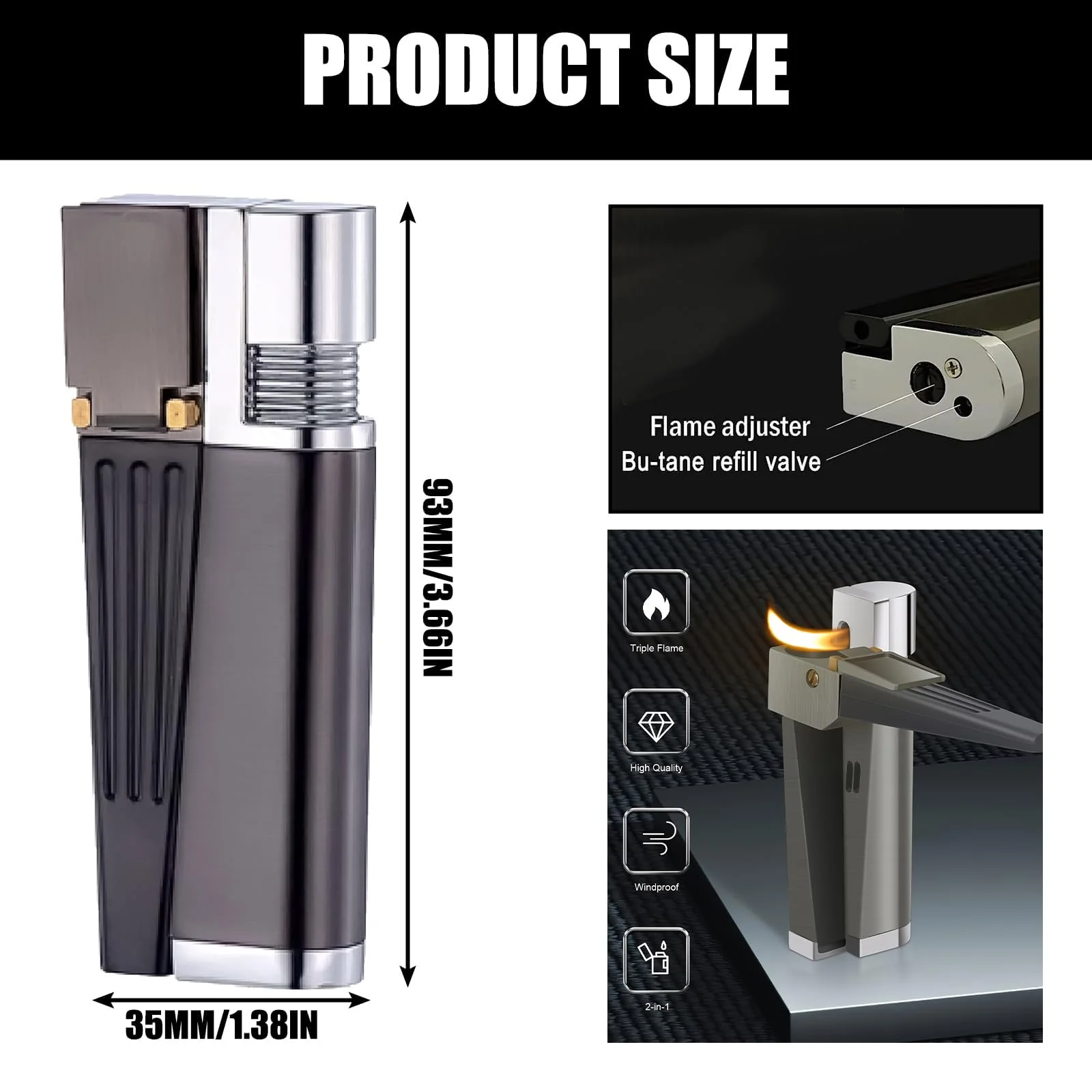 Tcairzl Foldable Lighter Multi-Purpose 2 in 1 Slant Jet Soft Flame Open Lighter Refillable Metal Torch Lighter with Accessories, Heavy-Duty Gift Box for Men Women Camping Kitchen (Without Gas) (4) - Image 2