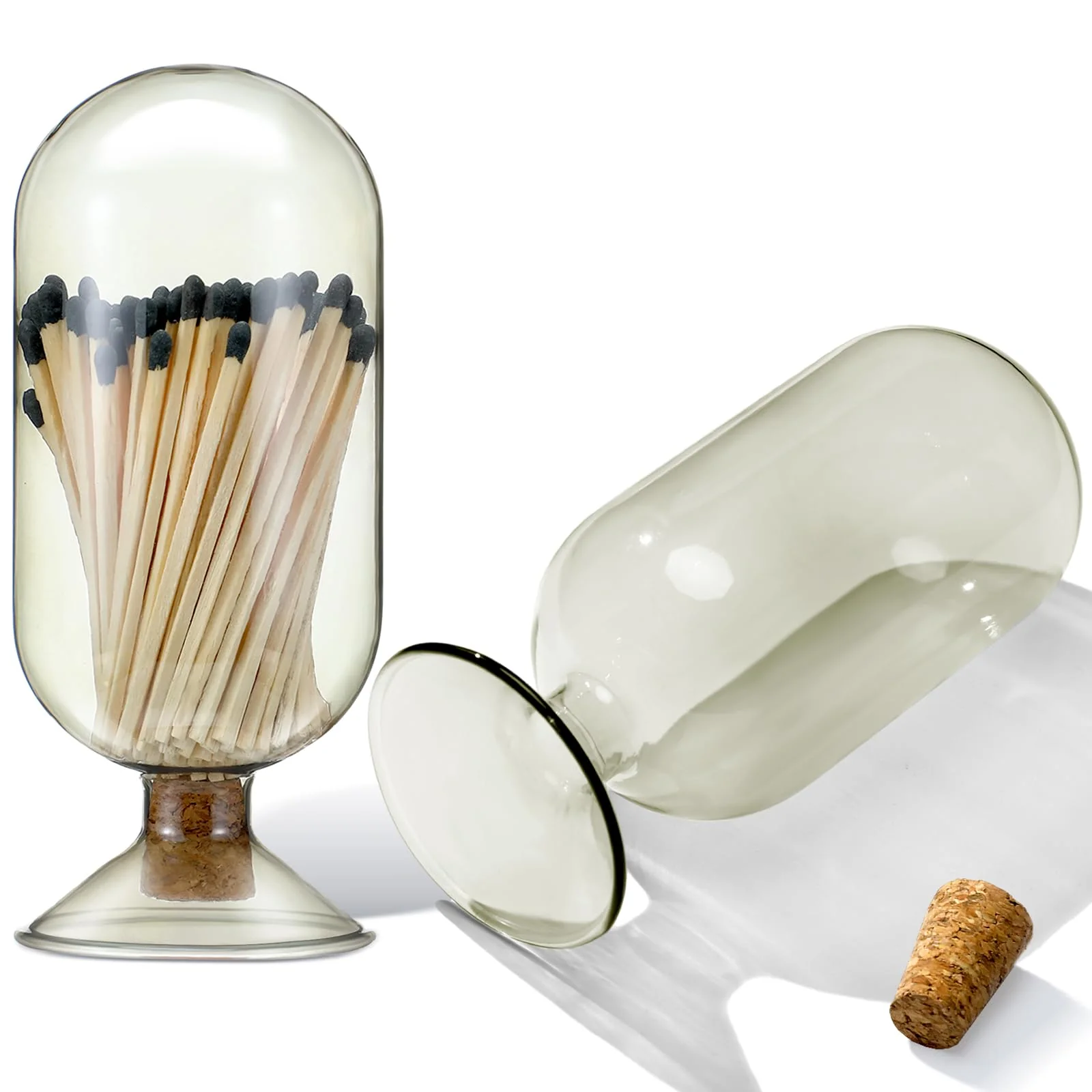 Teenyyou Smoke Grey Glass Match Cloche Holder Decorative Matches Jar Trendy Fireplace Display Decor, Not Include Sticks(7 x 2.95 Inch)
