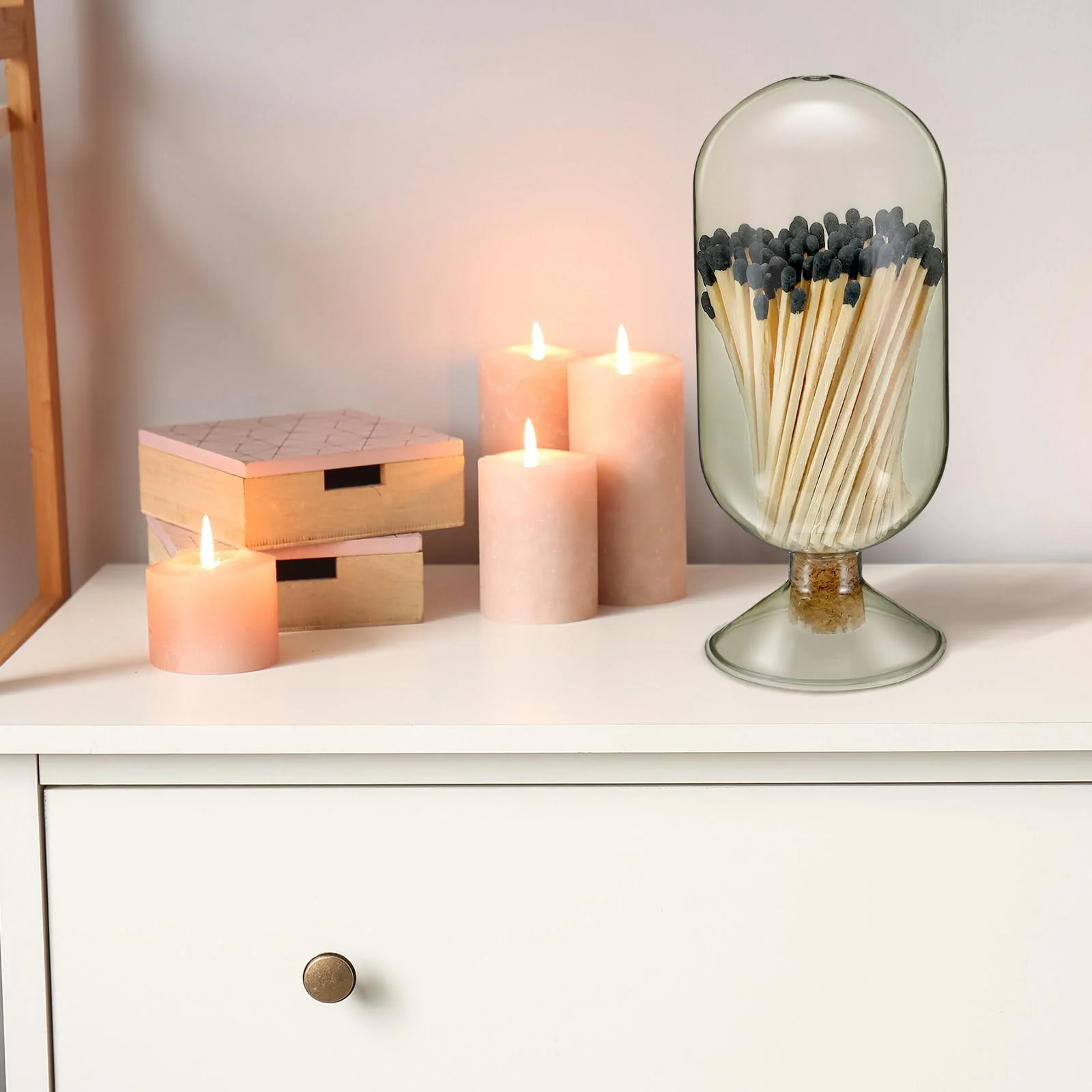 Teenyyou Smoke Grey Glass Match Cloche Holder Decorative Matches Jar Trendy Fireplace Display Decor, Not Include Sticks(7 x 2.95 Inch) - Image 2