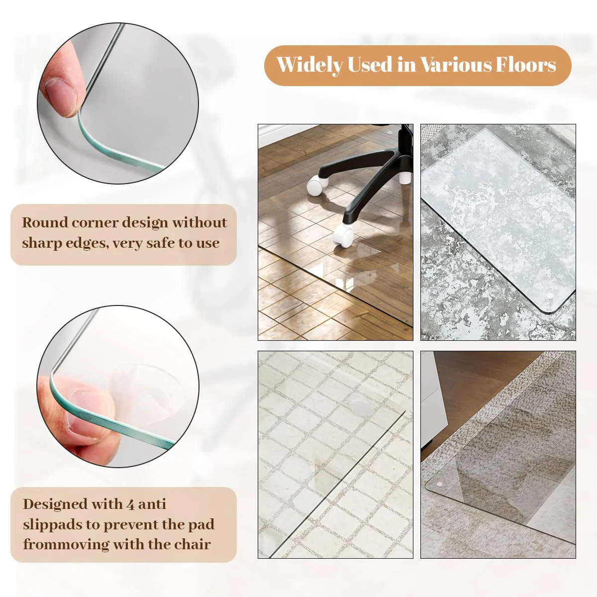 [Tempered Glass] 36" x 46" Glass Chair Mat, Heavy Duty Hard Floor Mat with Round Corner and Polished Edge, Office Chair Mat for Carpet Office Home Hardwood Floor Desk - Image 6